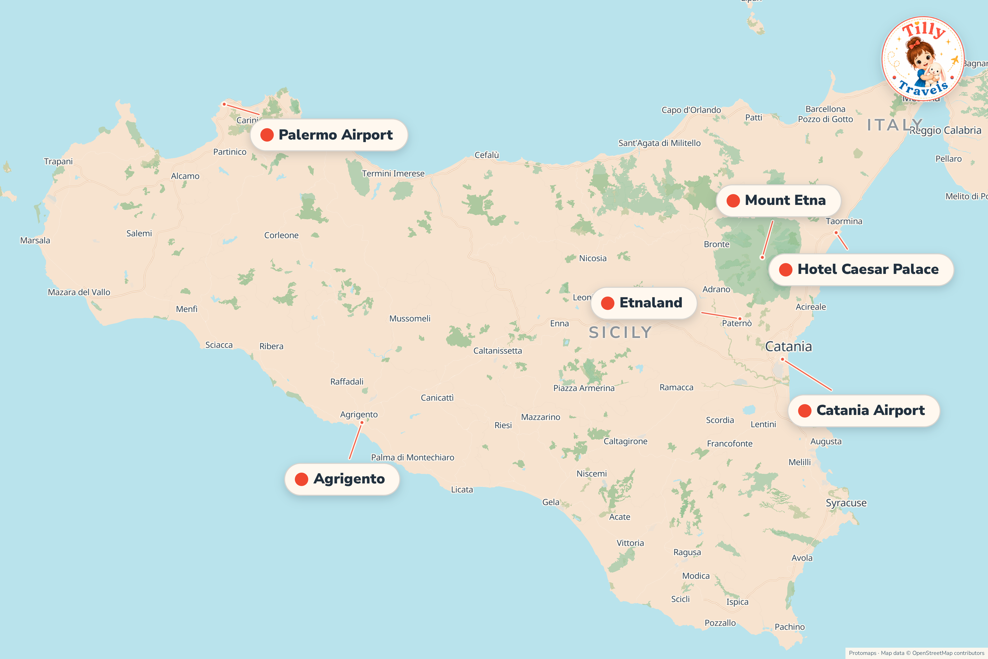 Map of the area around Hotel Caesar Palace, showing the resort, the nearest airport and the main family days out