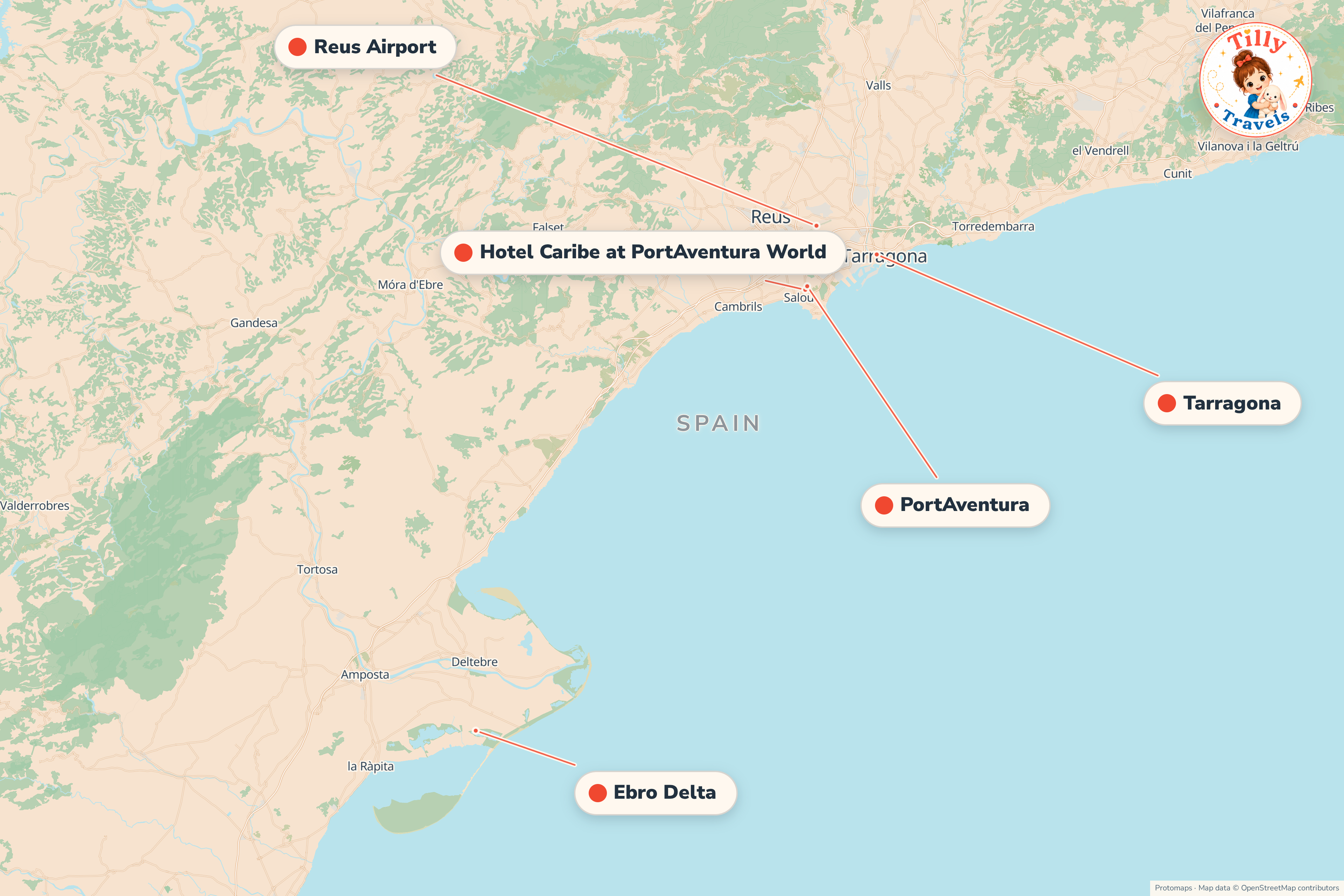 Map of the area around Hotel Caribe at PortAventura World, showing the resort, the nearest airport and the main family days out