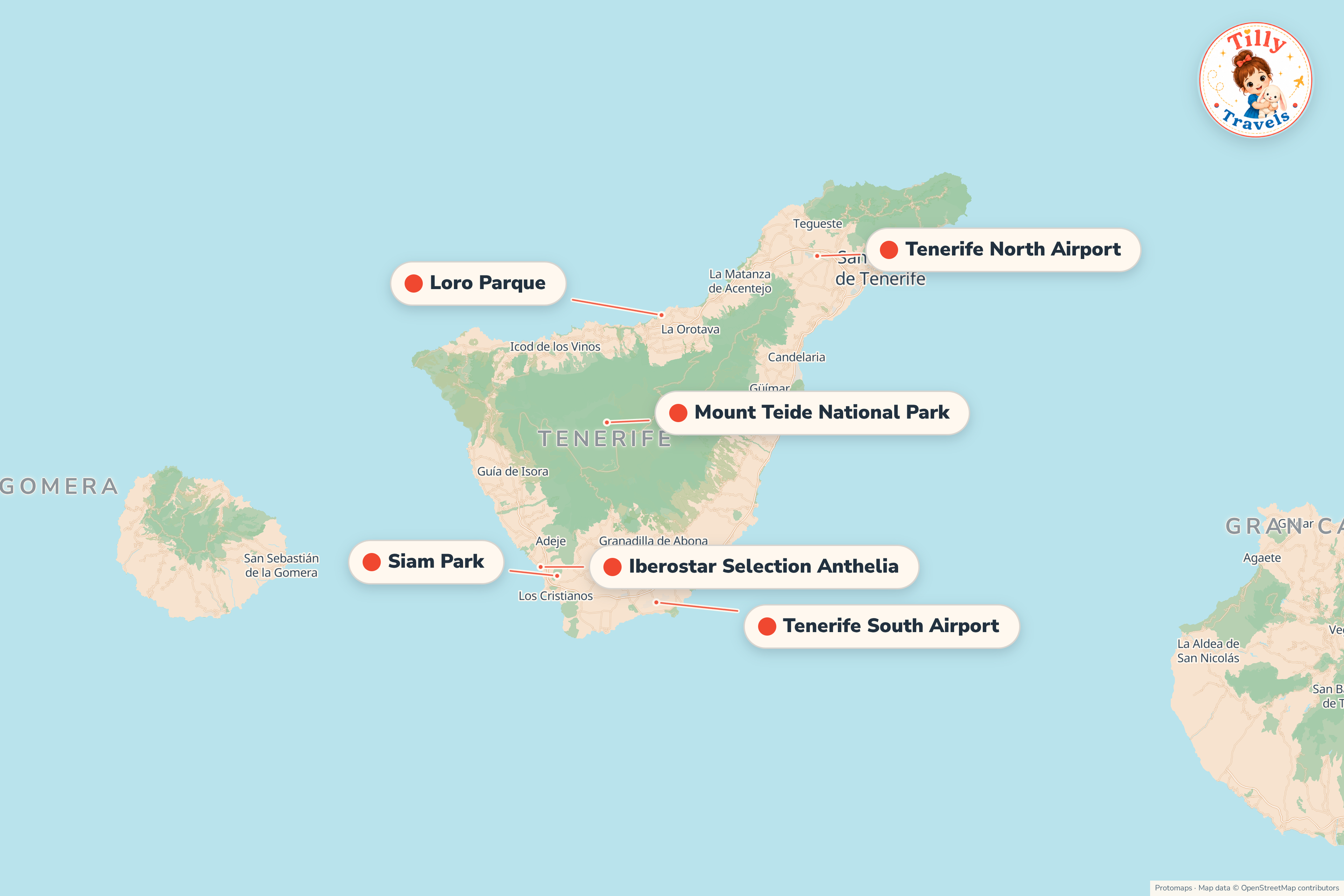 Map of the area around Iberostar Selection Anthelia, showing the resort, the nearest airport and the main family days out