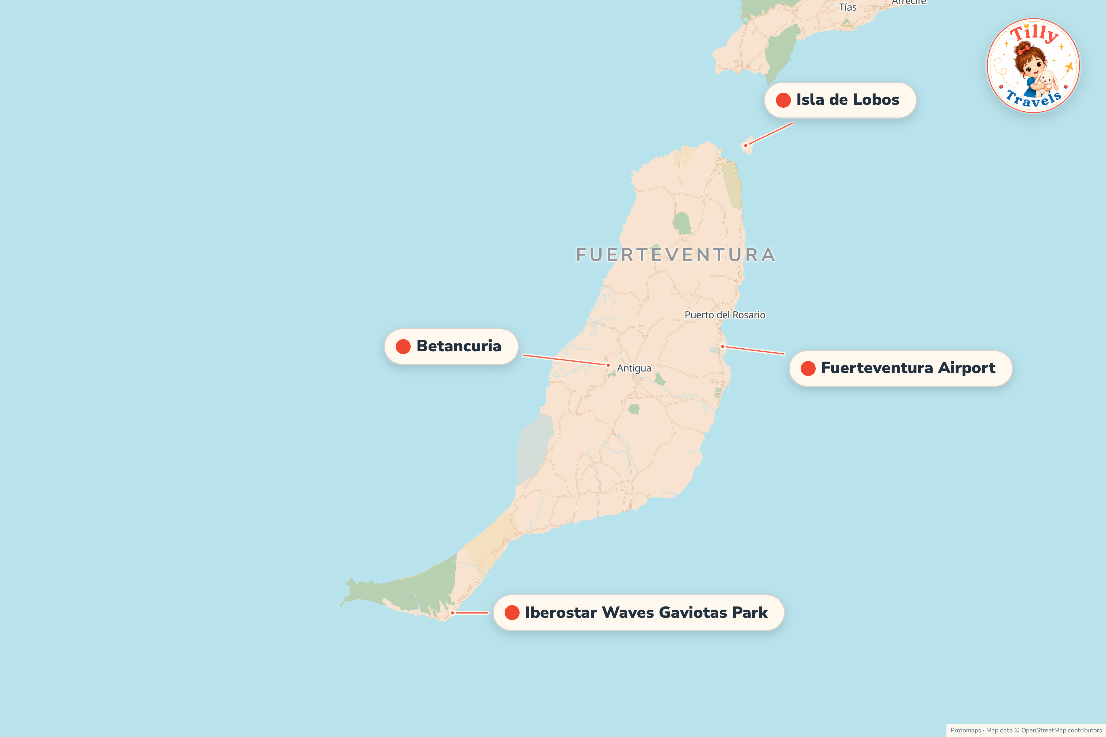 Map of the area around Iberostar Waves Gaviotas Park, showing the resort, the nearest airport and the main family days out