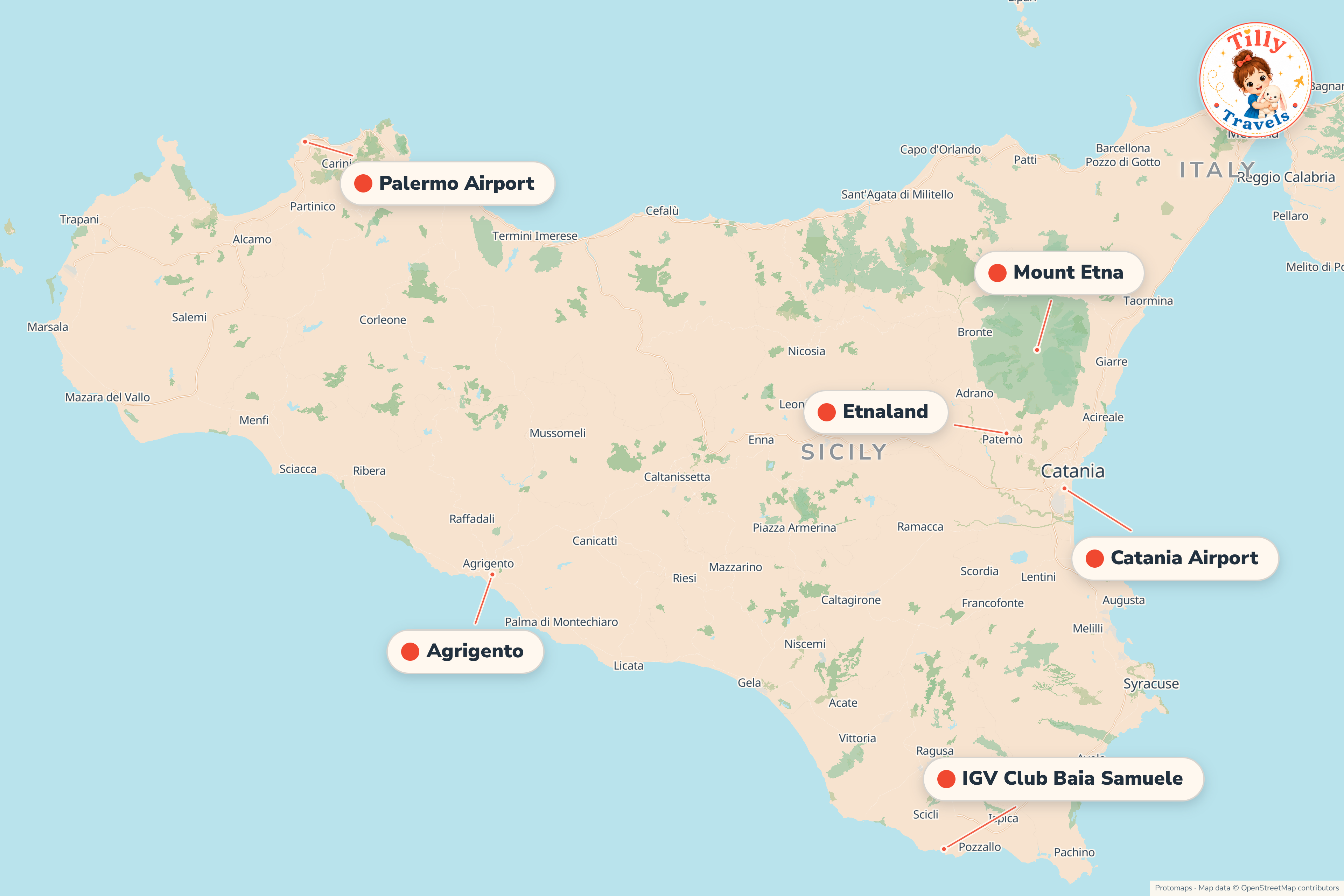 Map of the area around IGV Club Baia Samuele, showing the resort, the nearest airport and the main family days out