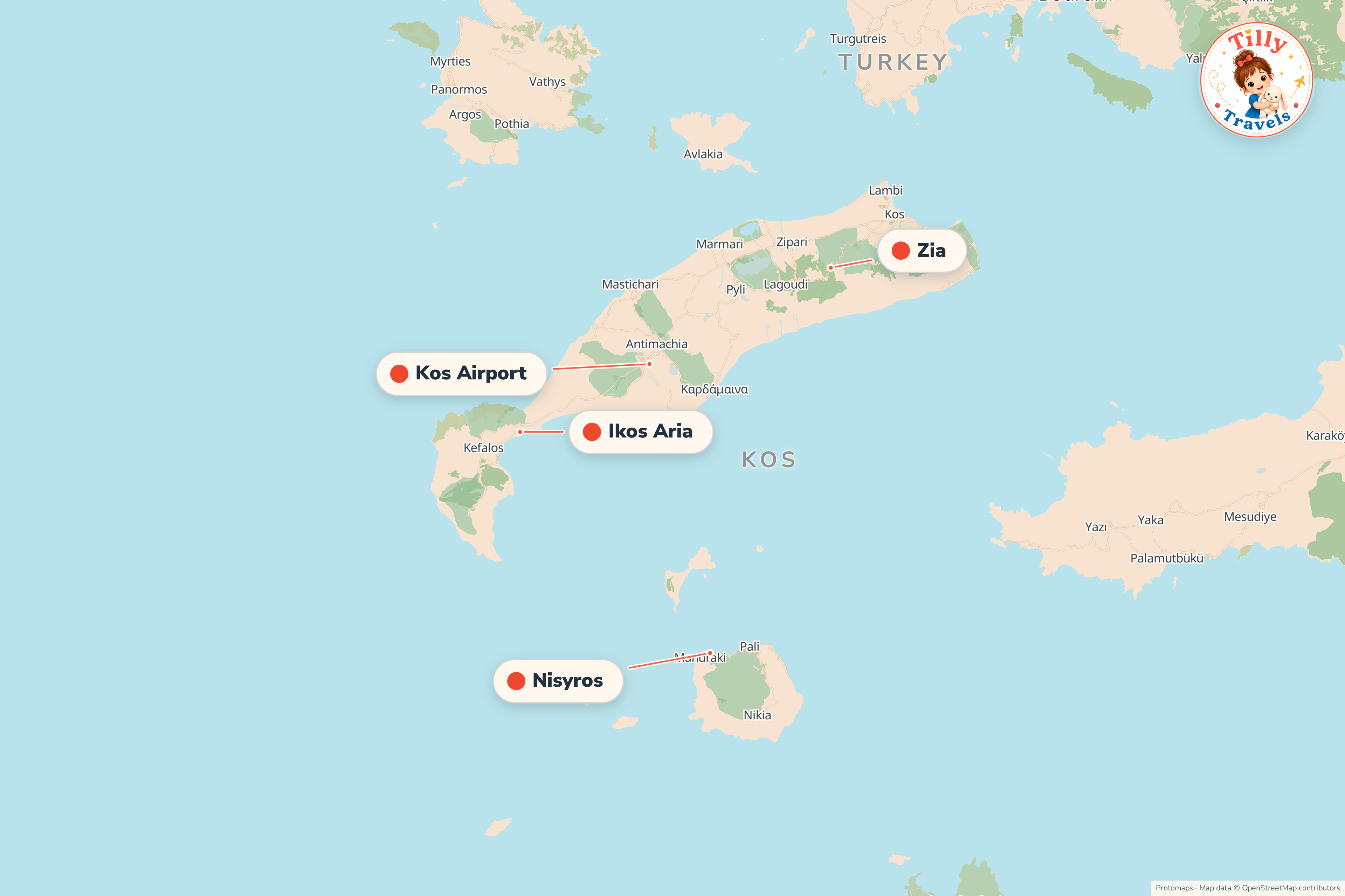 Map of the area around Ikos Aria, showing the resort, the nearest airport and the main family days out