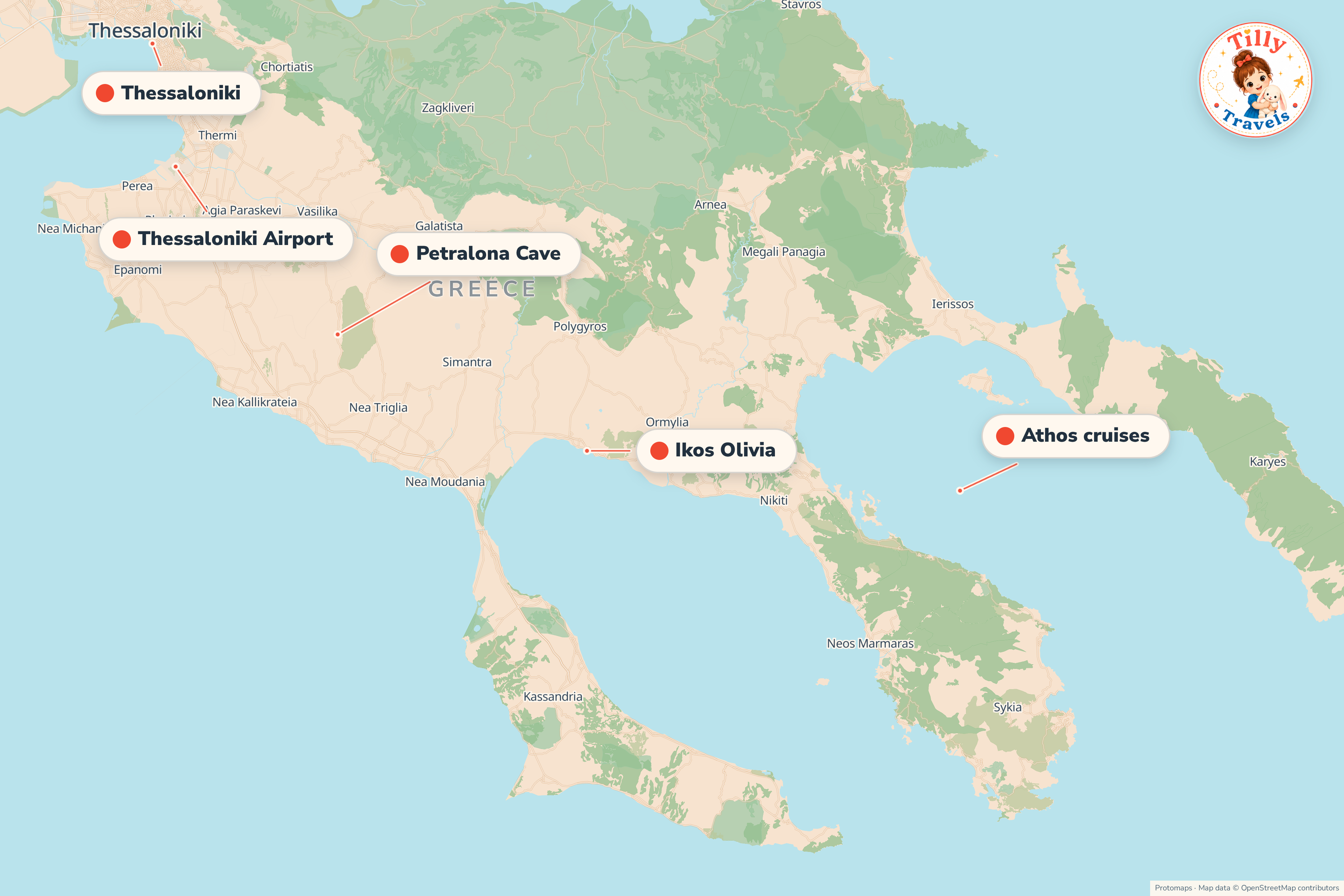 Map of the area around Ikos Olivia, showing the resort, the nearest airport and the main family days out