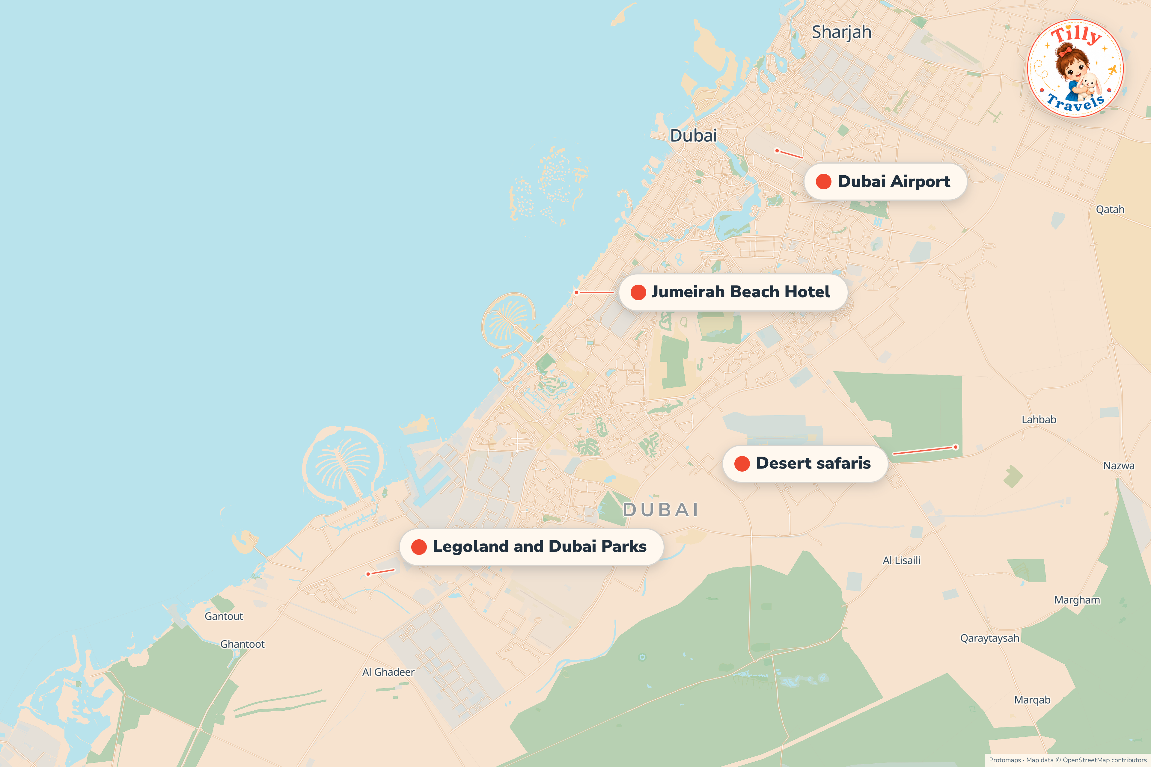Map of the area around Jumeirah Beach Hotel, showing the resort, the nearest airport and the main family days out