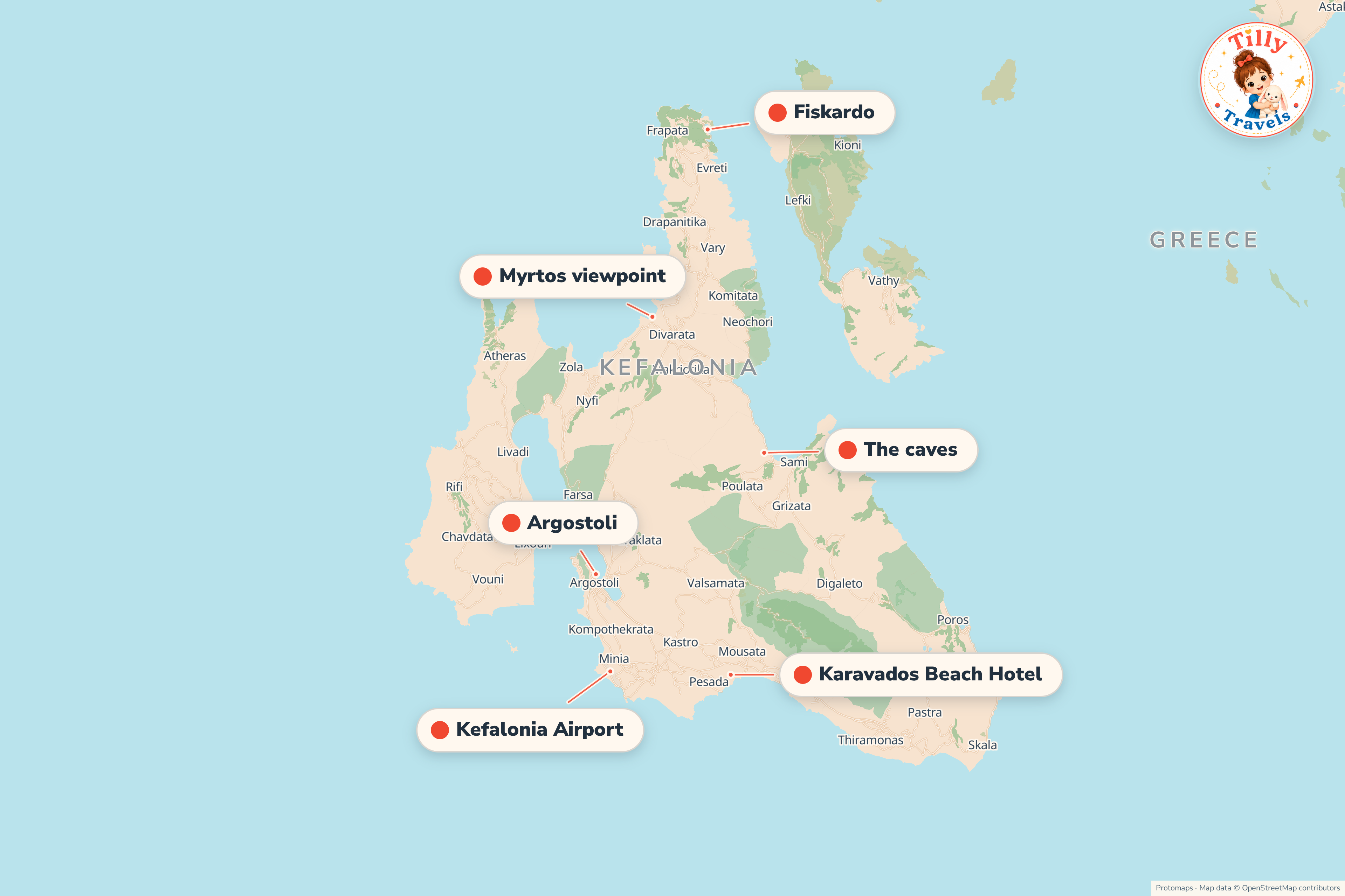 Map of the area around Karavados Beach Hotel, showing the resort, the nearest airport and the main family days out