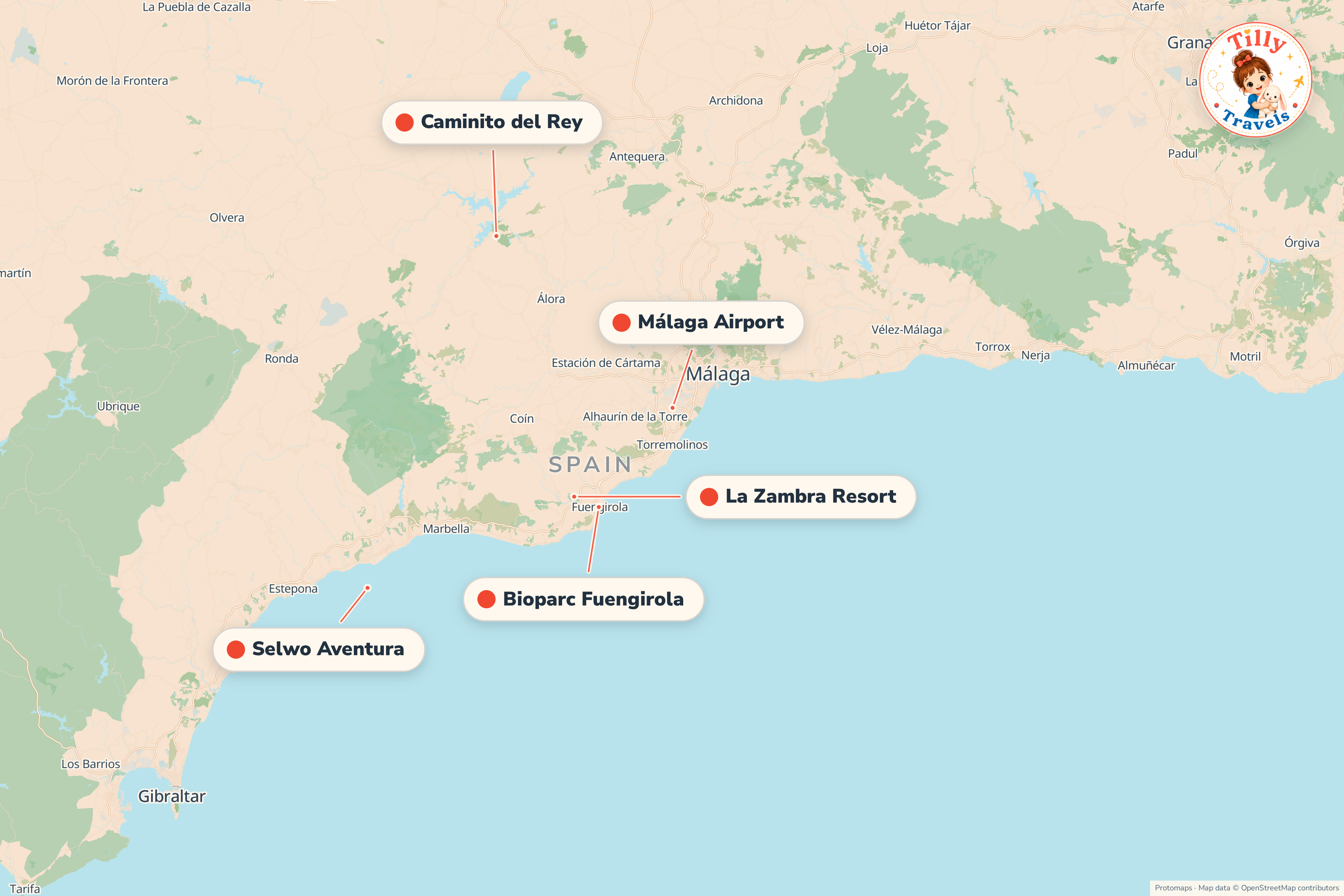 Map of the area around La Zambra Resort, showing the resort, the nearest airport and the main family days out