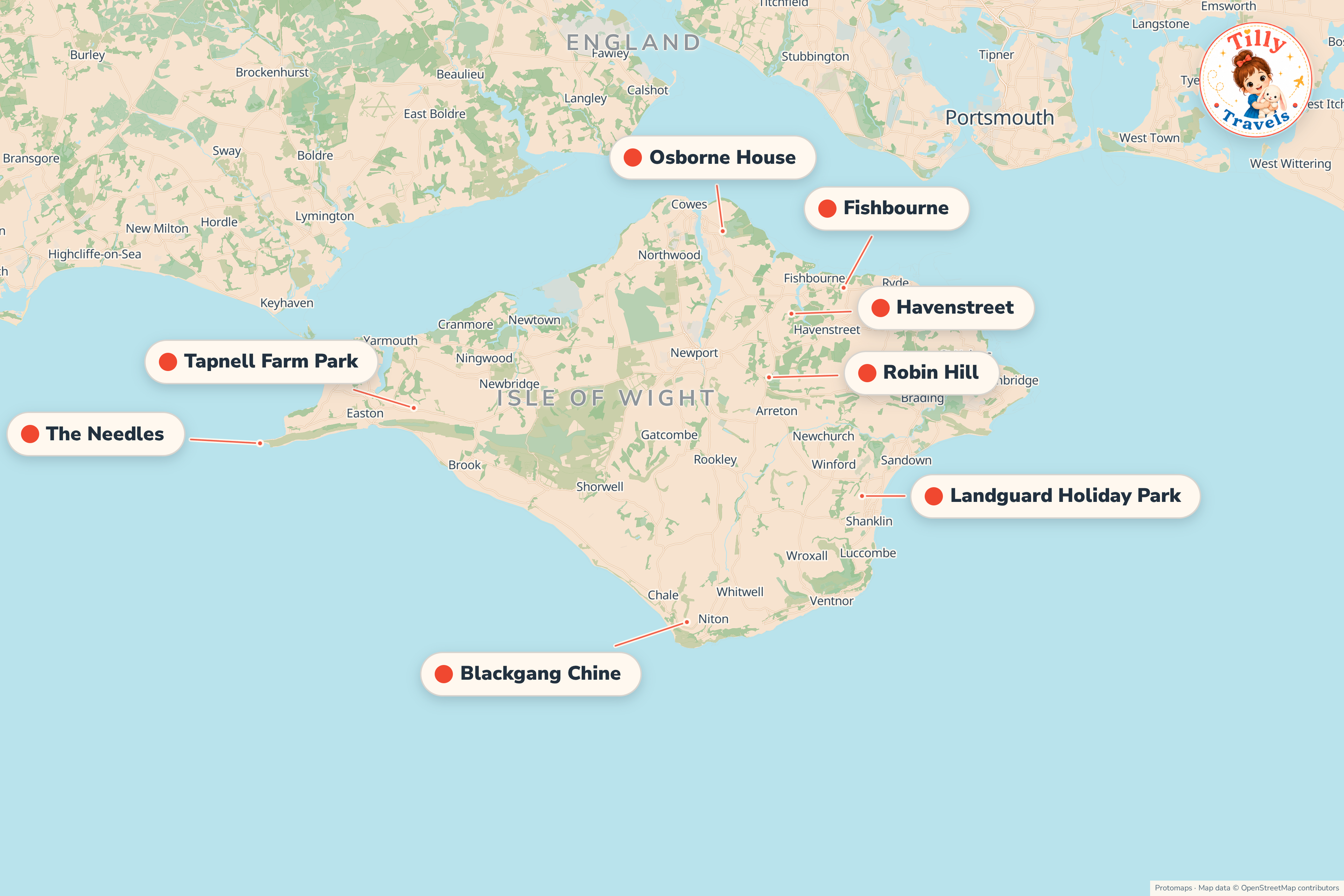 Map of the area around Landguard Holiday Park, showing the resort, the nearest airport and the main family days out