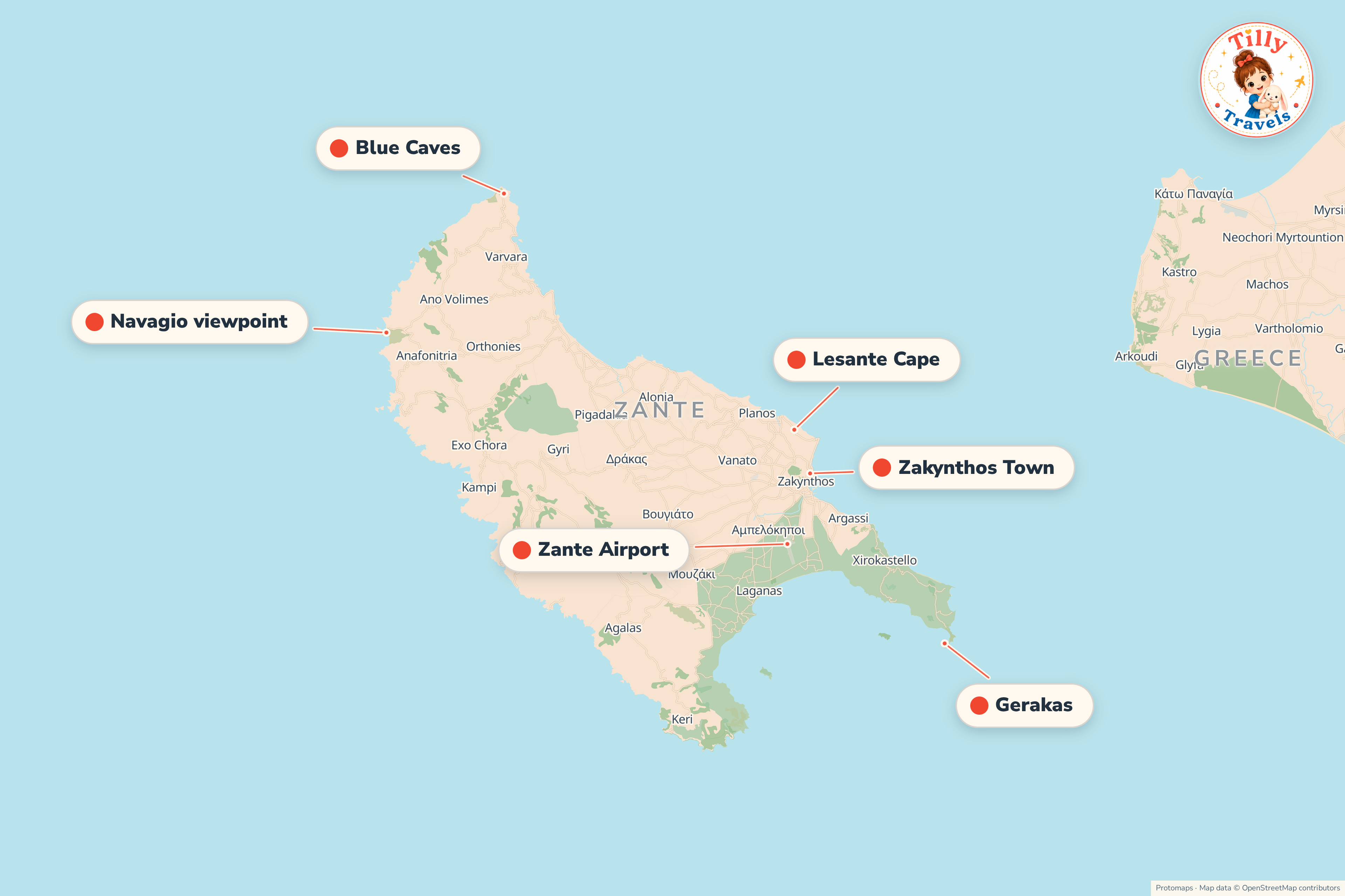 Map of the area around Lesante Cape, showing the resort, the nearest airport and the main family days out