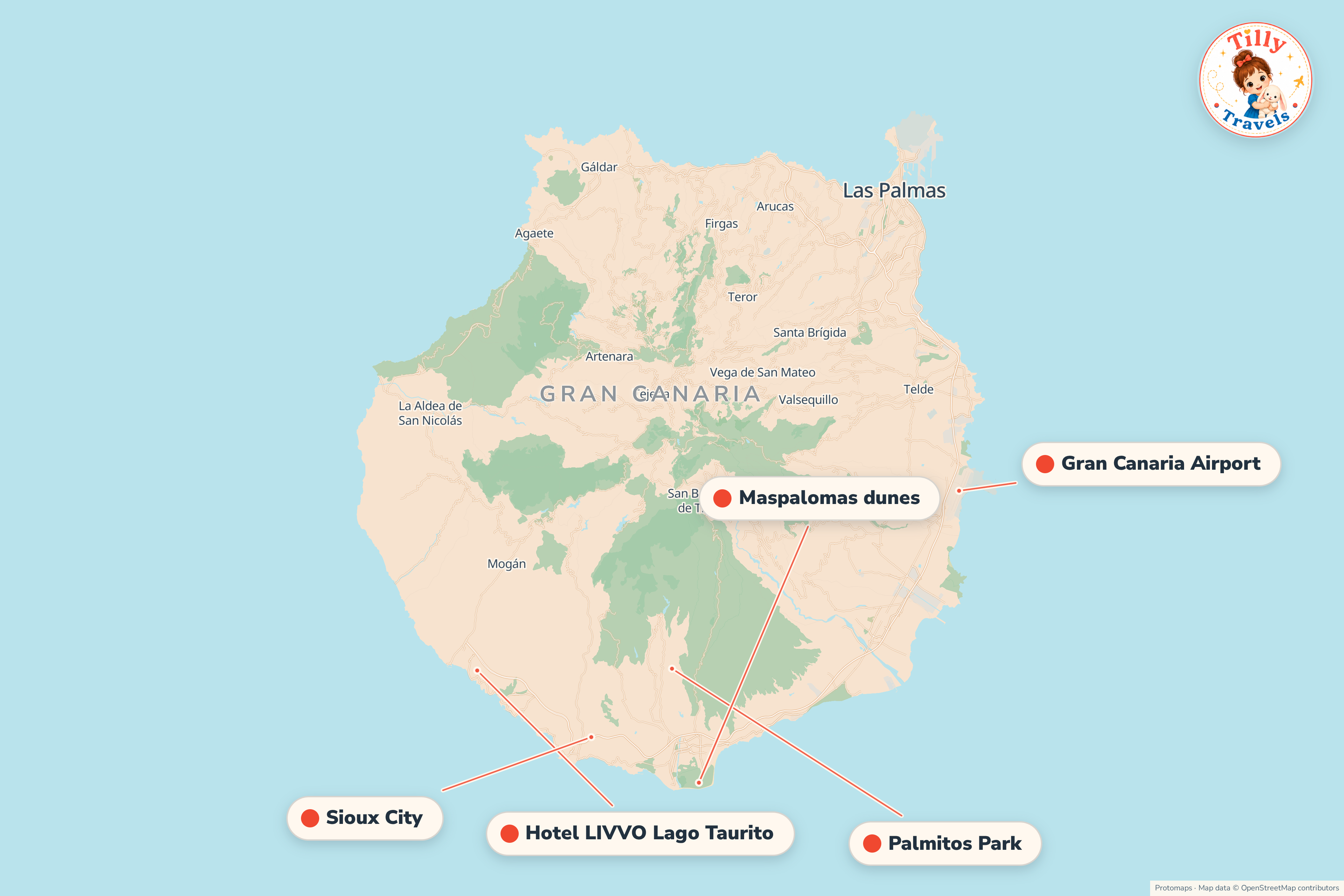 Map of the area around Hotel LIVVO Lago Taurito, showing the resort, the nearest airport and the main family days out