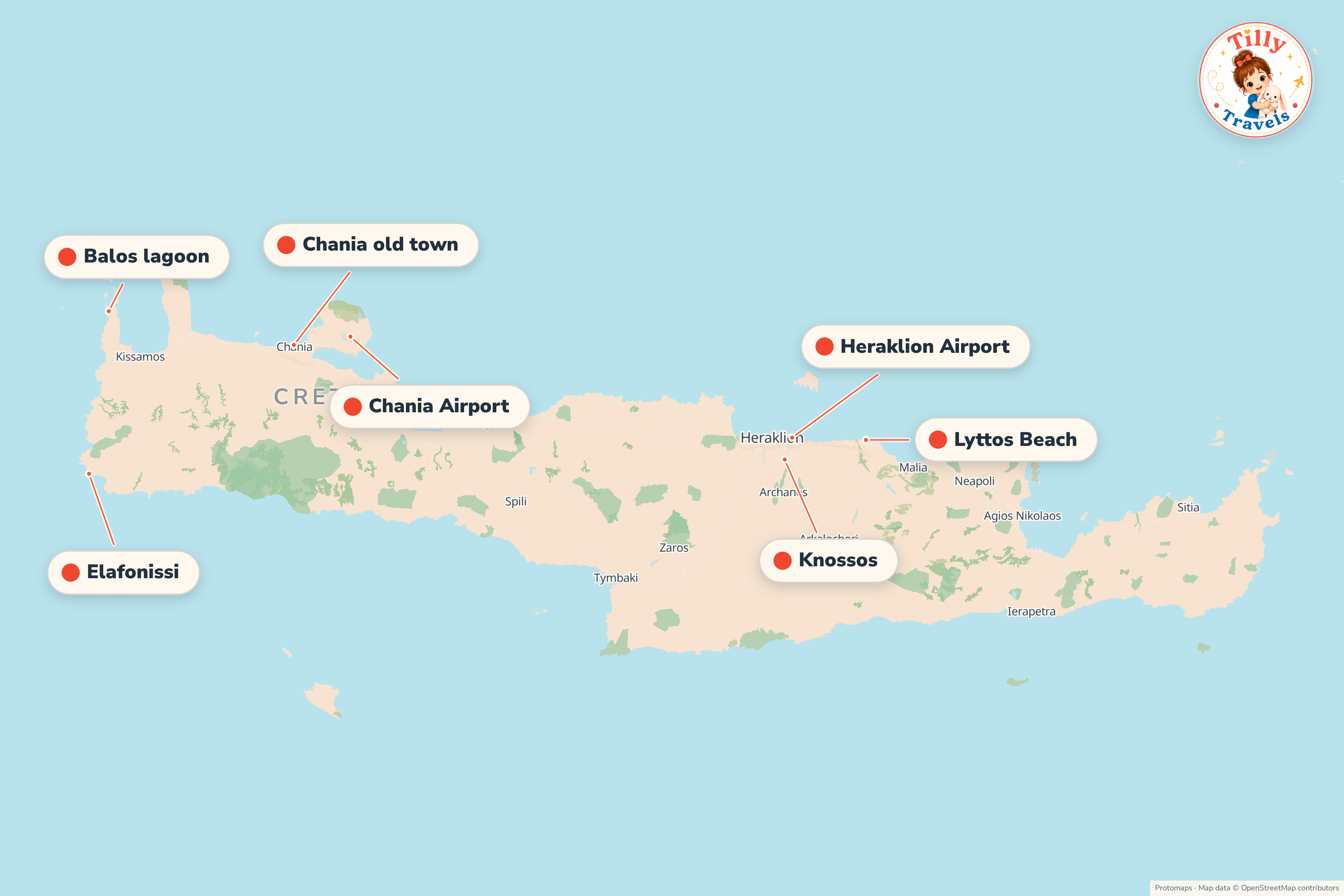 Map of the area around Lyttos Beach, showing the resort, the nearest airport and the main family days out
