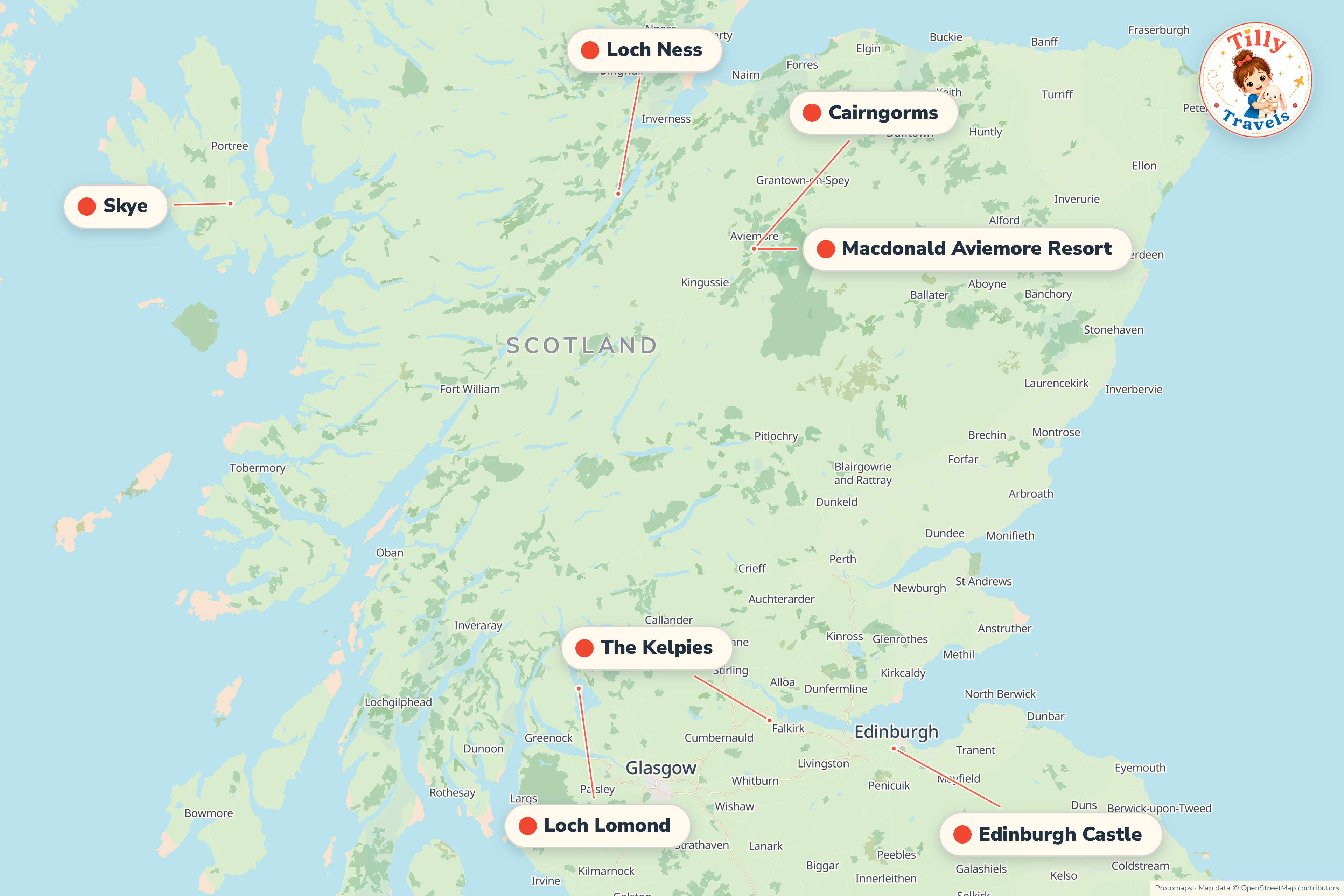 Map of the area around Macdonald Aviemore Resort, showing the resort, the nearest airport and the main family days out