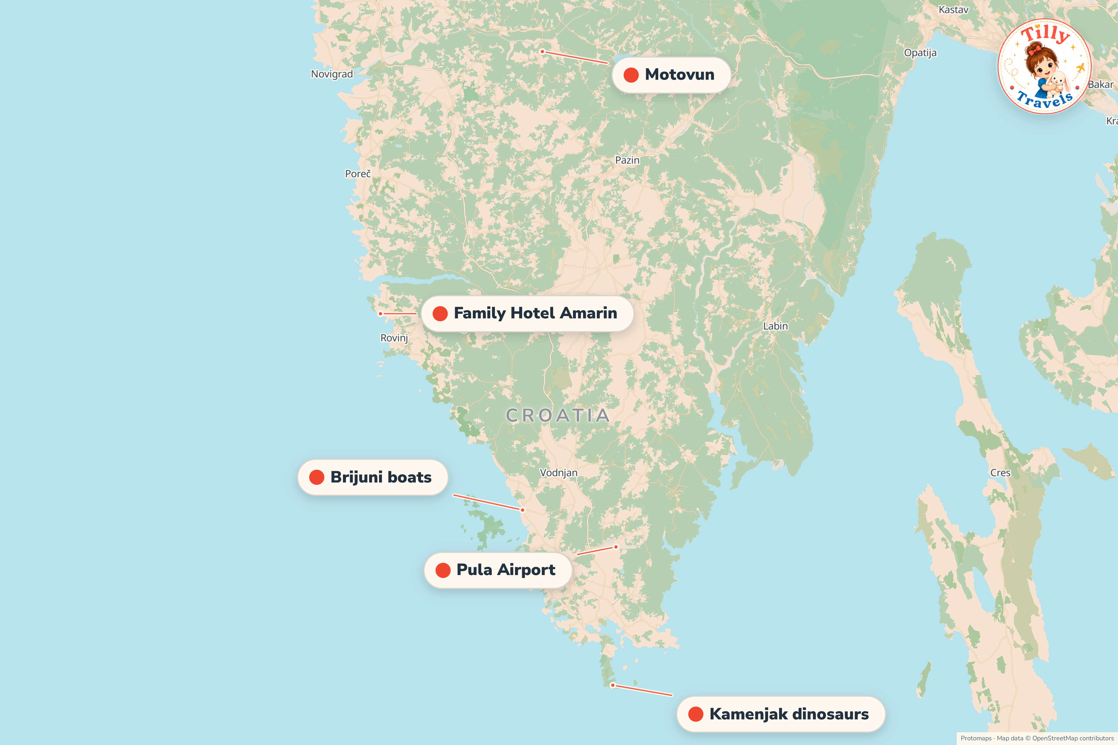 Map of the area around Family Hotel Amarin, showing the resort, the nearest airport and the main family days out