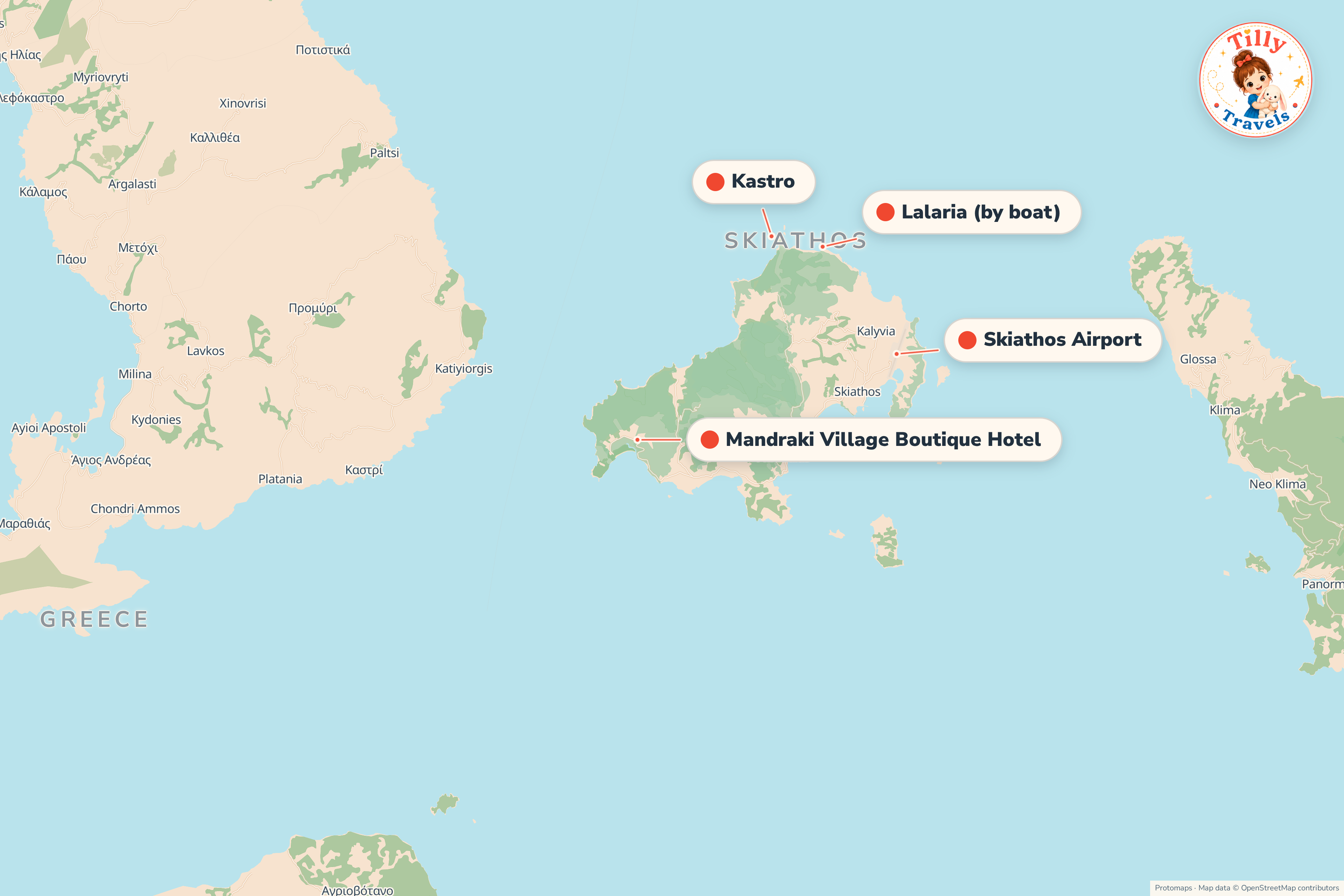 Map of the area around Mandraki Village Boutique Hotel, showing the resort, the nearest airport and the main family days out