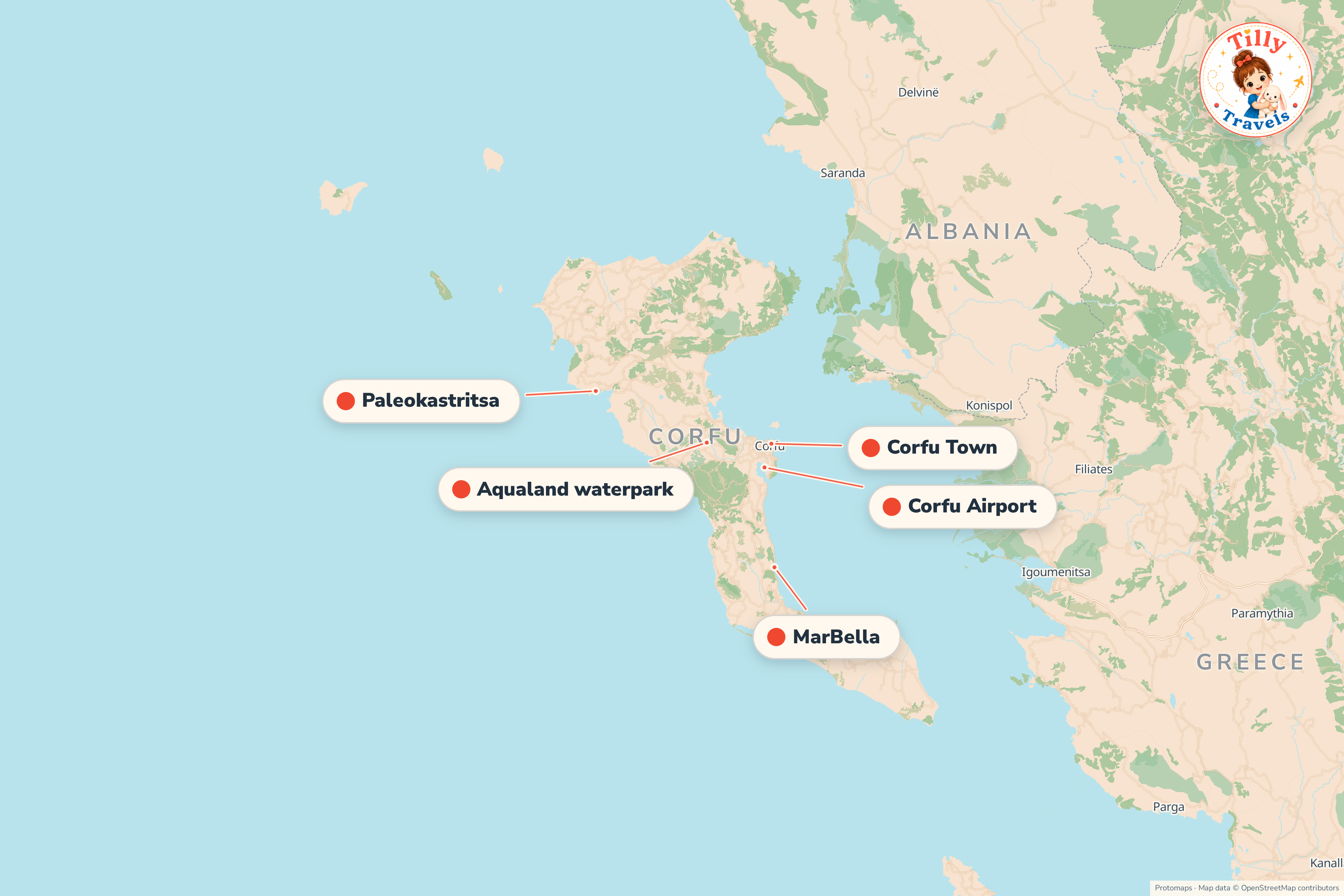 Map of the area around MarBella, showing the resort, the nearest airport and the main family days out