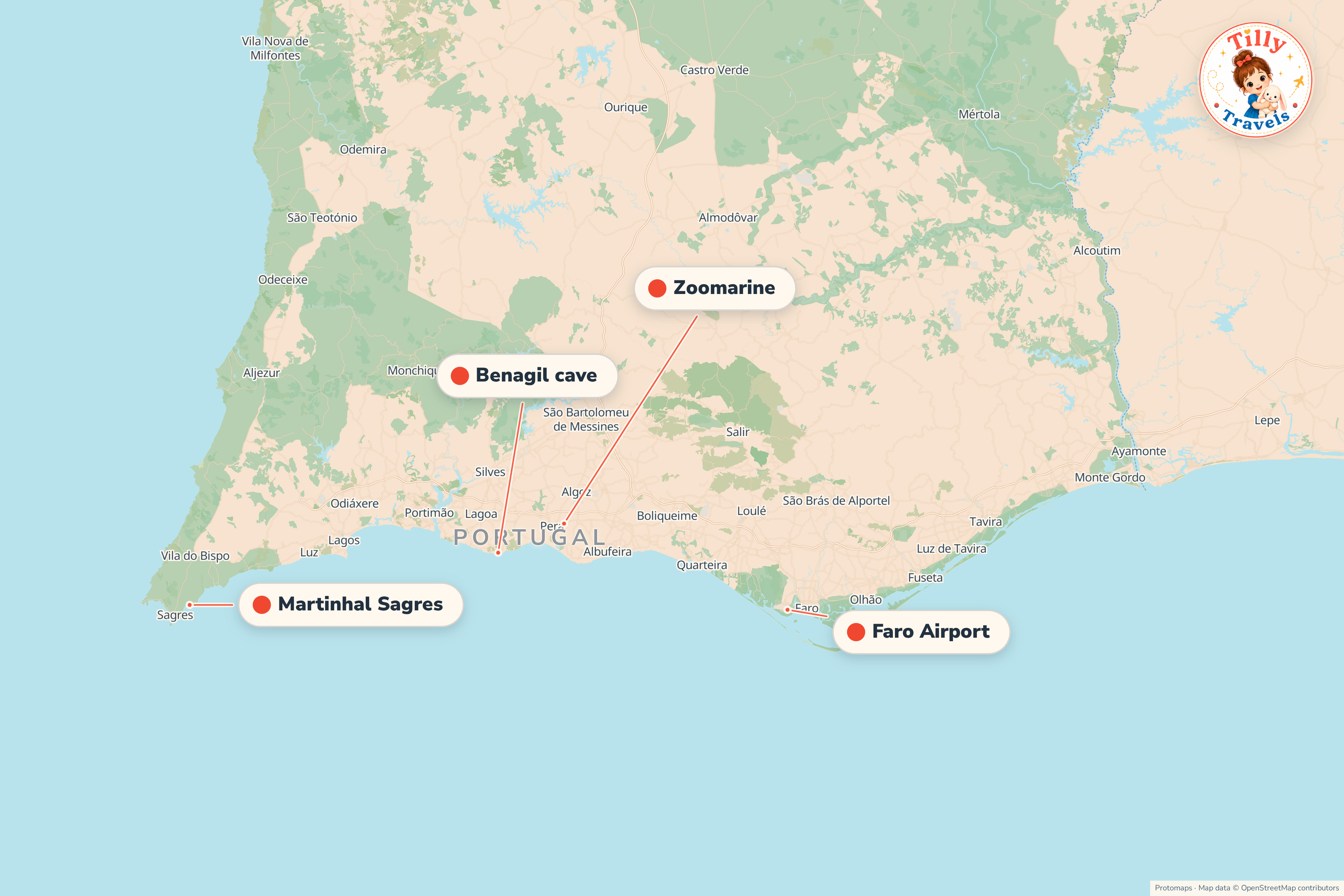 Map of the area around Martinhal Sagres, showing the resort, the nearest airport and the main family days out