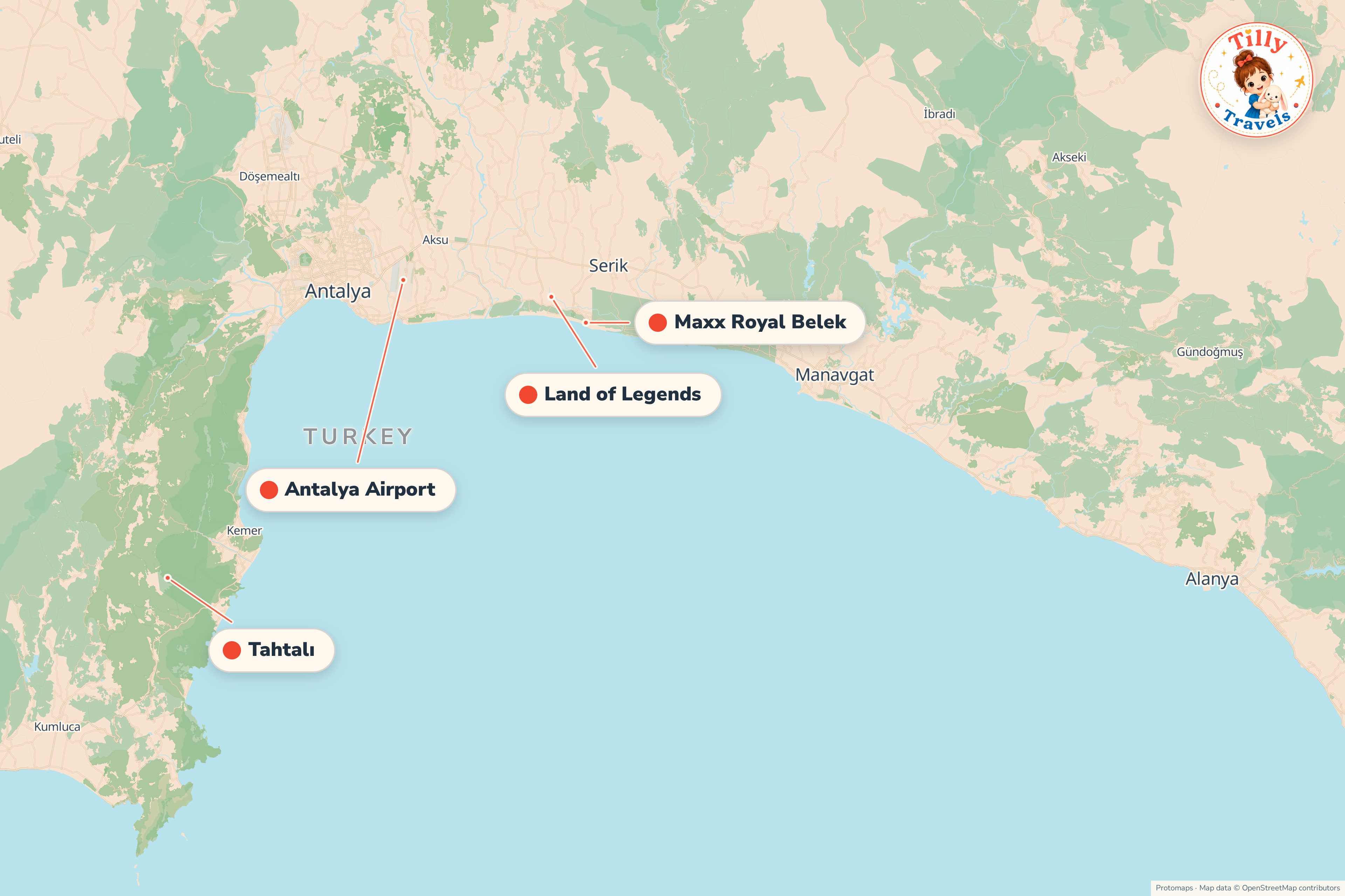 Map of the area around Maxx Royal Belek, showing the resort, the nearest airport and the main family days out