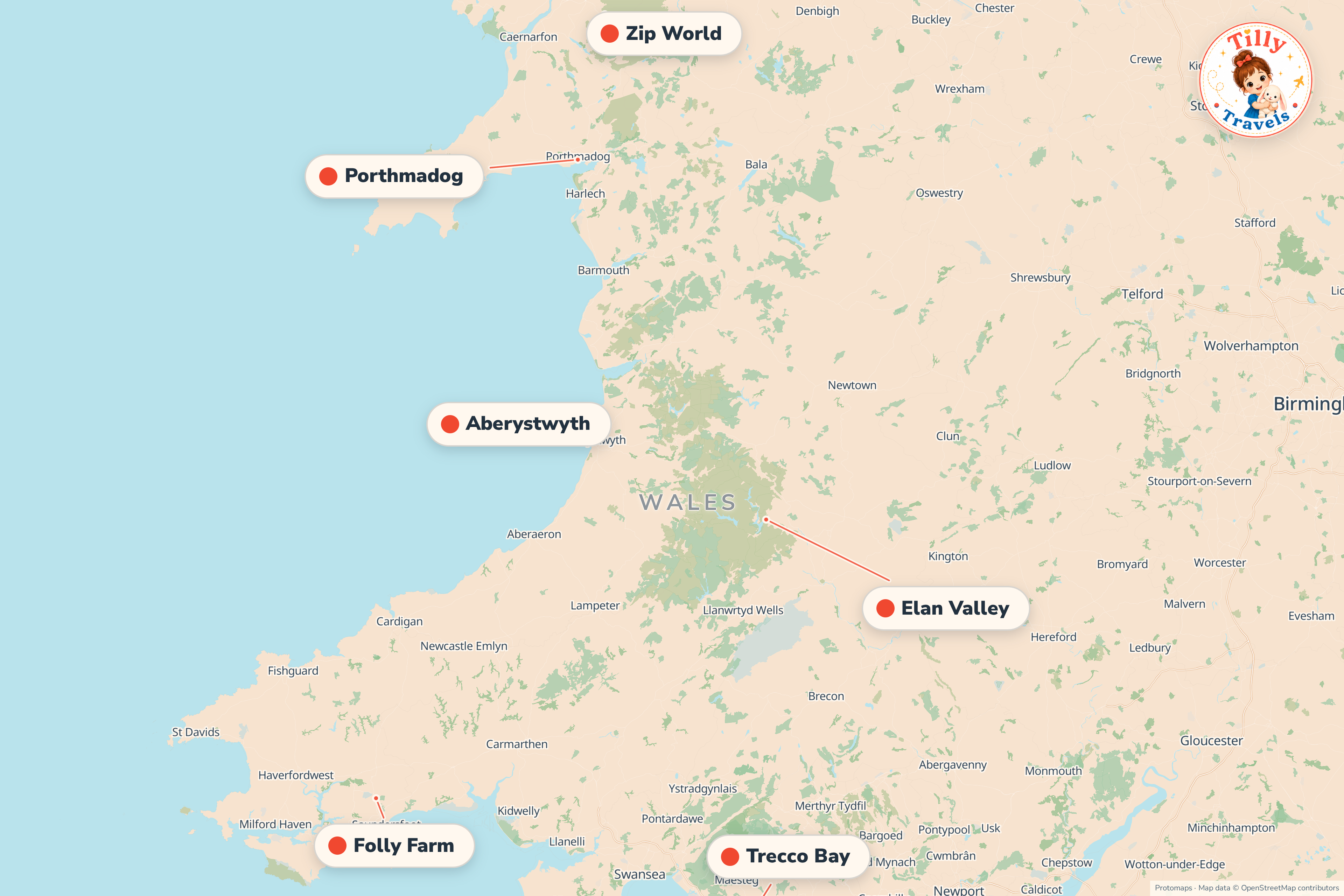 Map of the area around Trecco Bay, showing the resort, the nearest airport and the main family days out