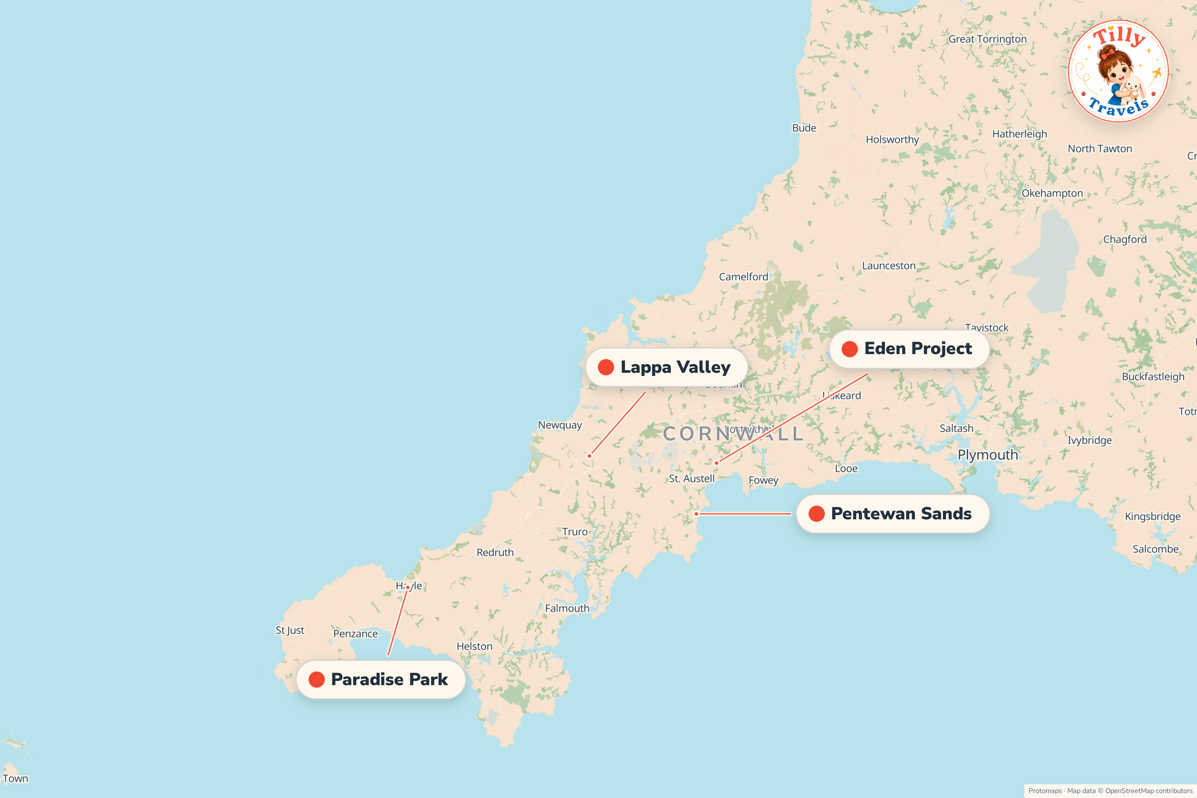 Map of the area around Pentewan Sands, showing the resort, the nearest airport and the main family days out