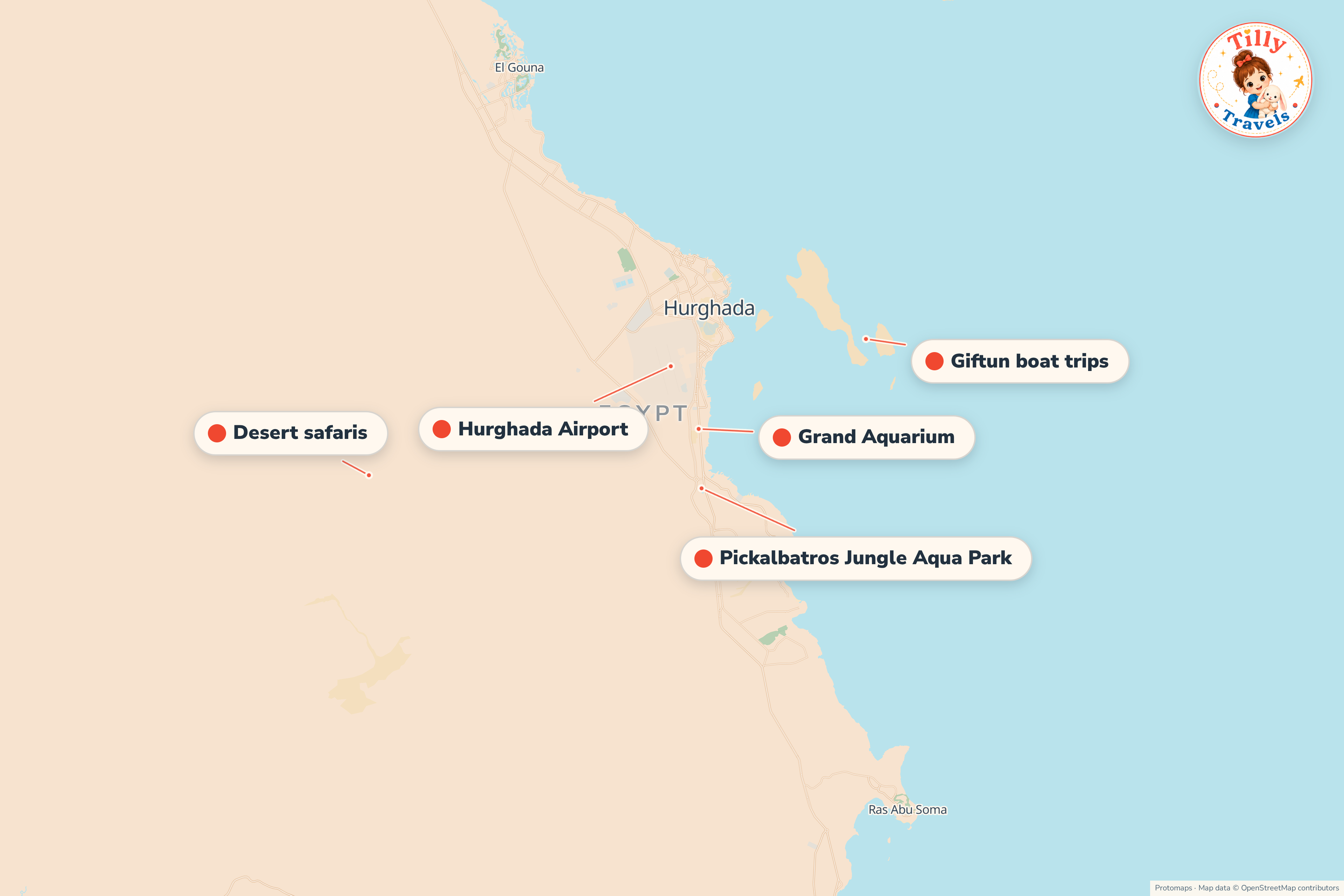 Map of the area around Pickalbatros Jungle Aqua Park, showing the resort, the nearest airport and the main family days out