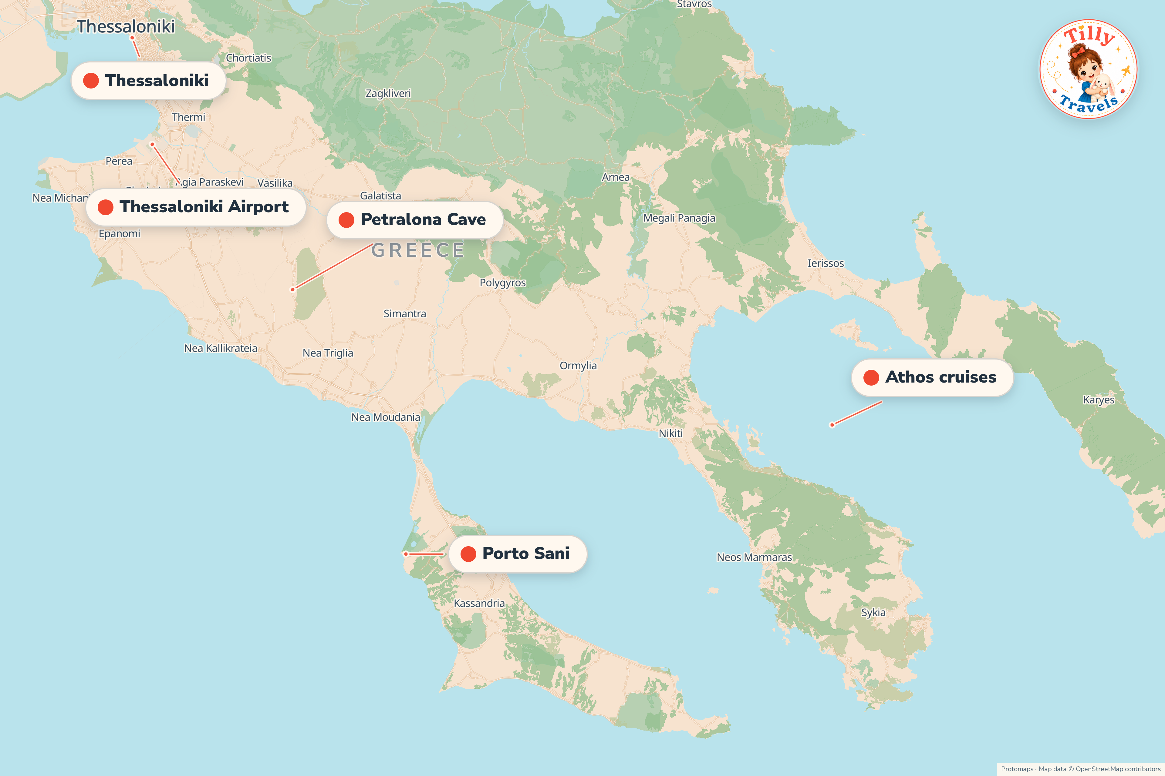 Map of the area around Porto Sani, showing the resort, the nearest airport and the main family days out