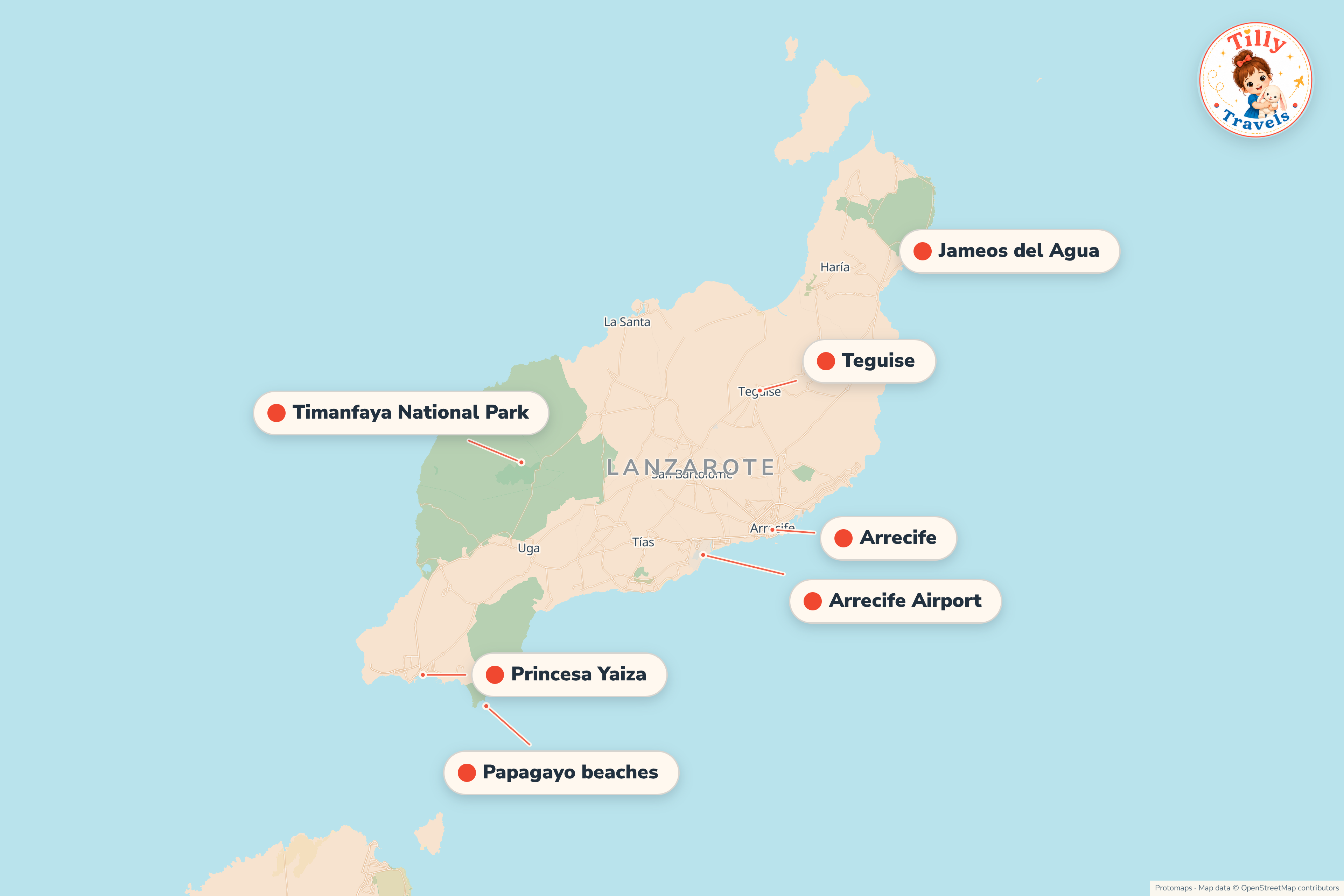 Map of the area around Princesa Yaiza, showing the resort, the nearest airport and the main family days out