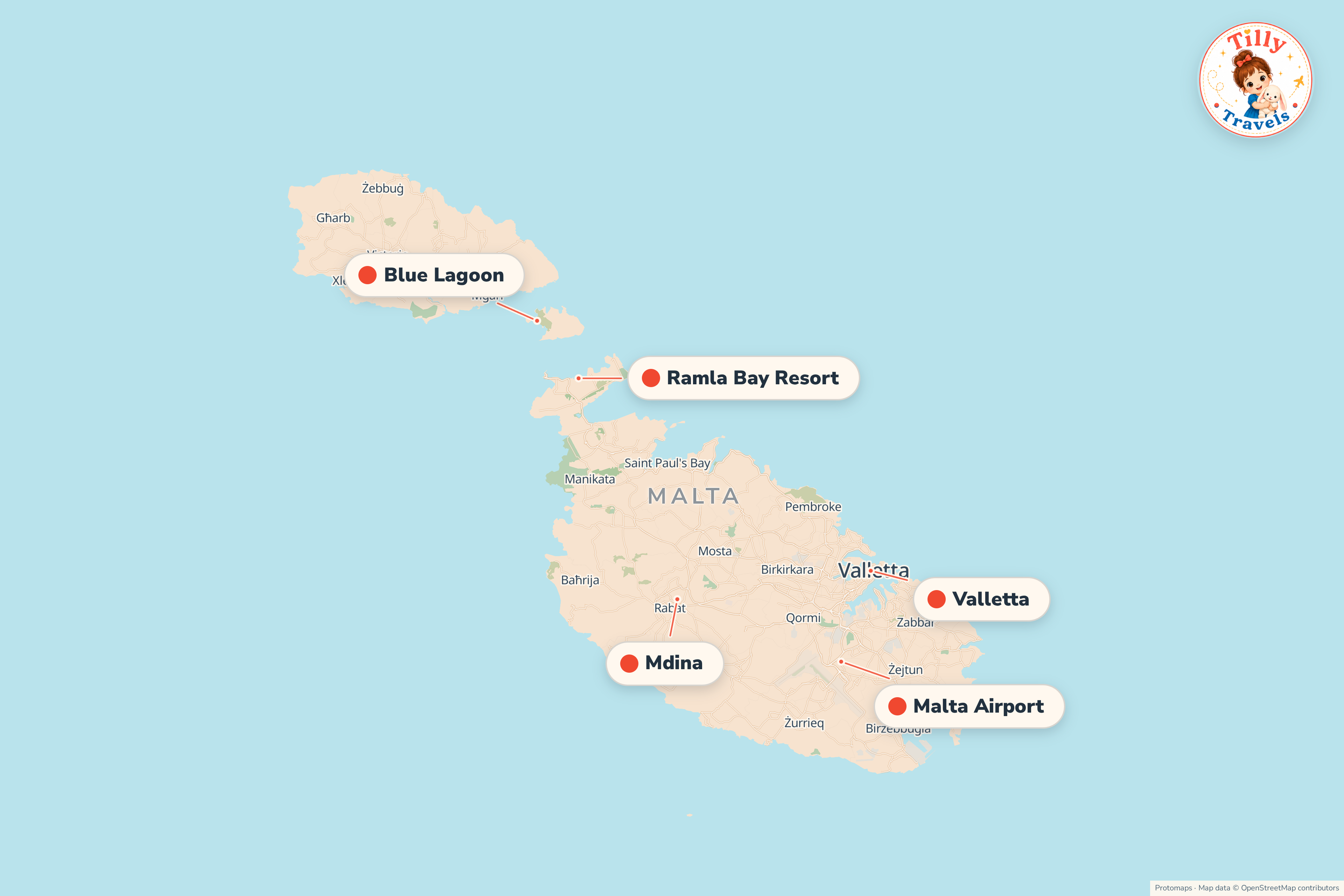 Map of the area around Ramla Bay Resort, showing the resort, the nearest airport and the main family days out