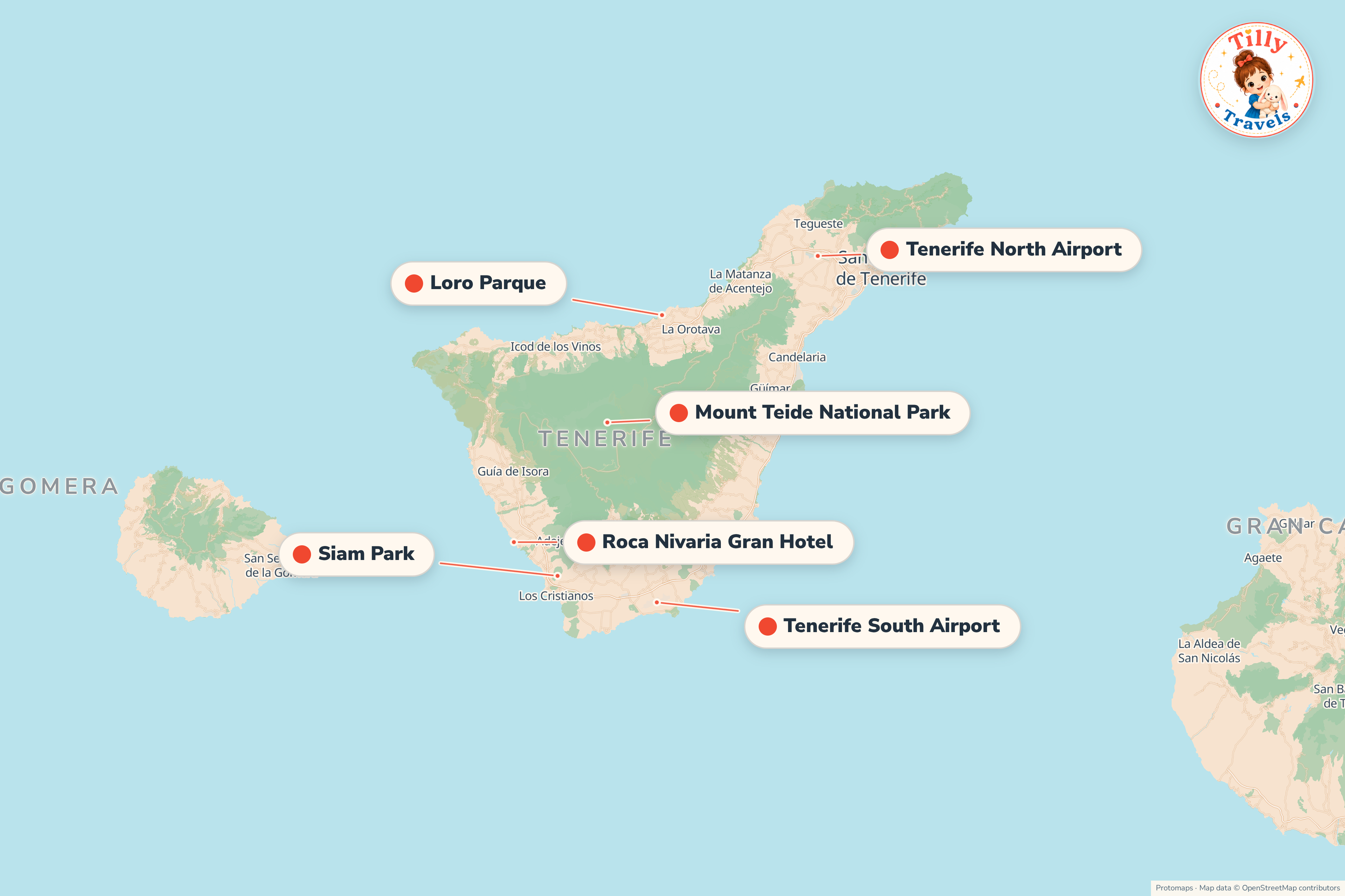 Map of the area around Roca Nivaria Gran Hotel, showing the resort, the nearest airport and the main family days out