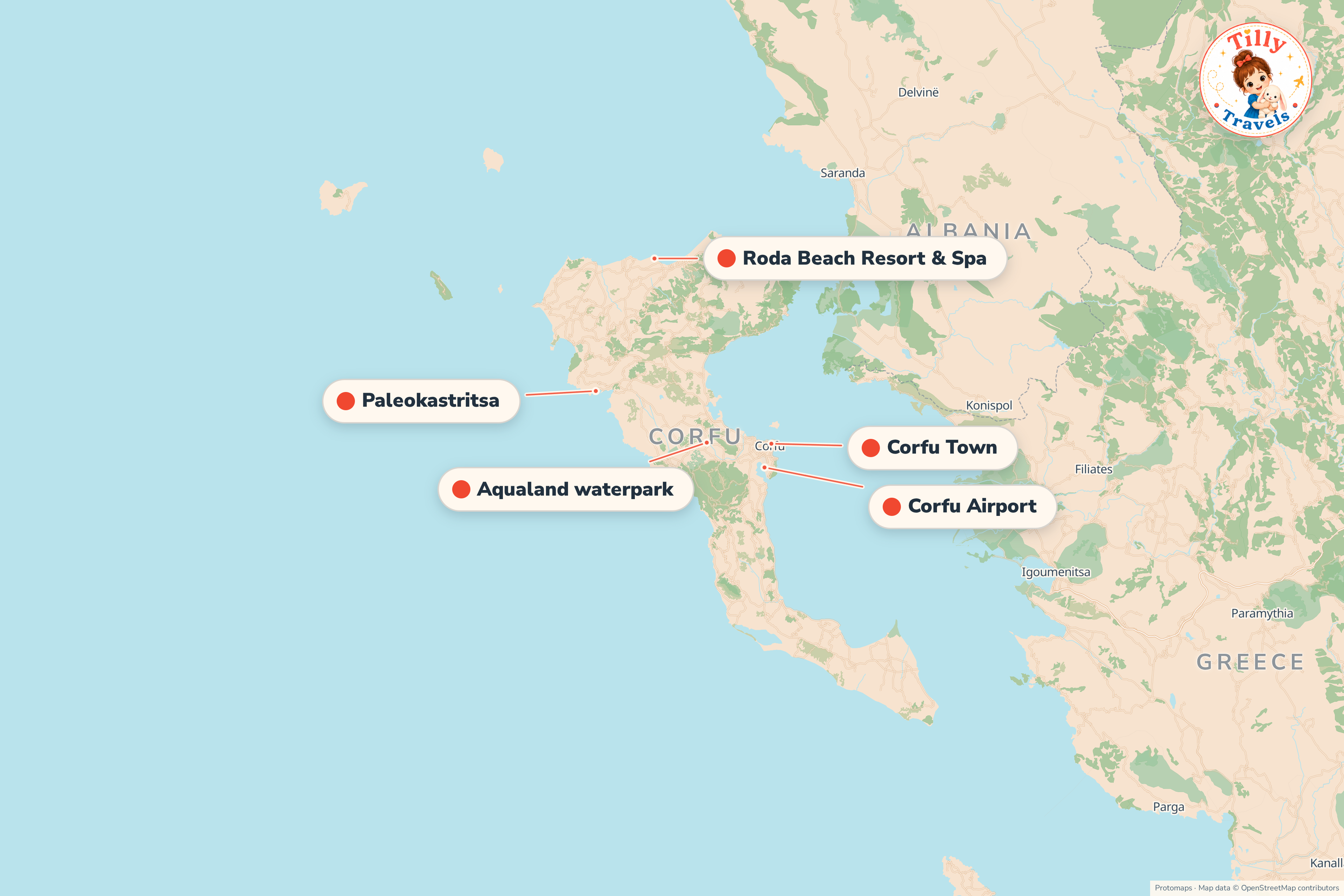 Map of the area around Roda Beach Resort & Spa, showing the resort, the nearest airport and the main family days out