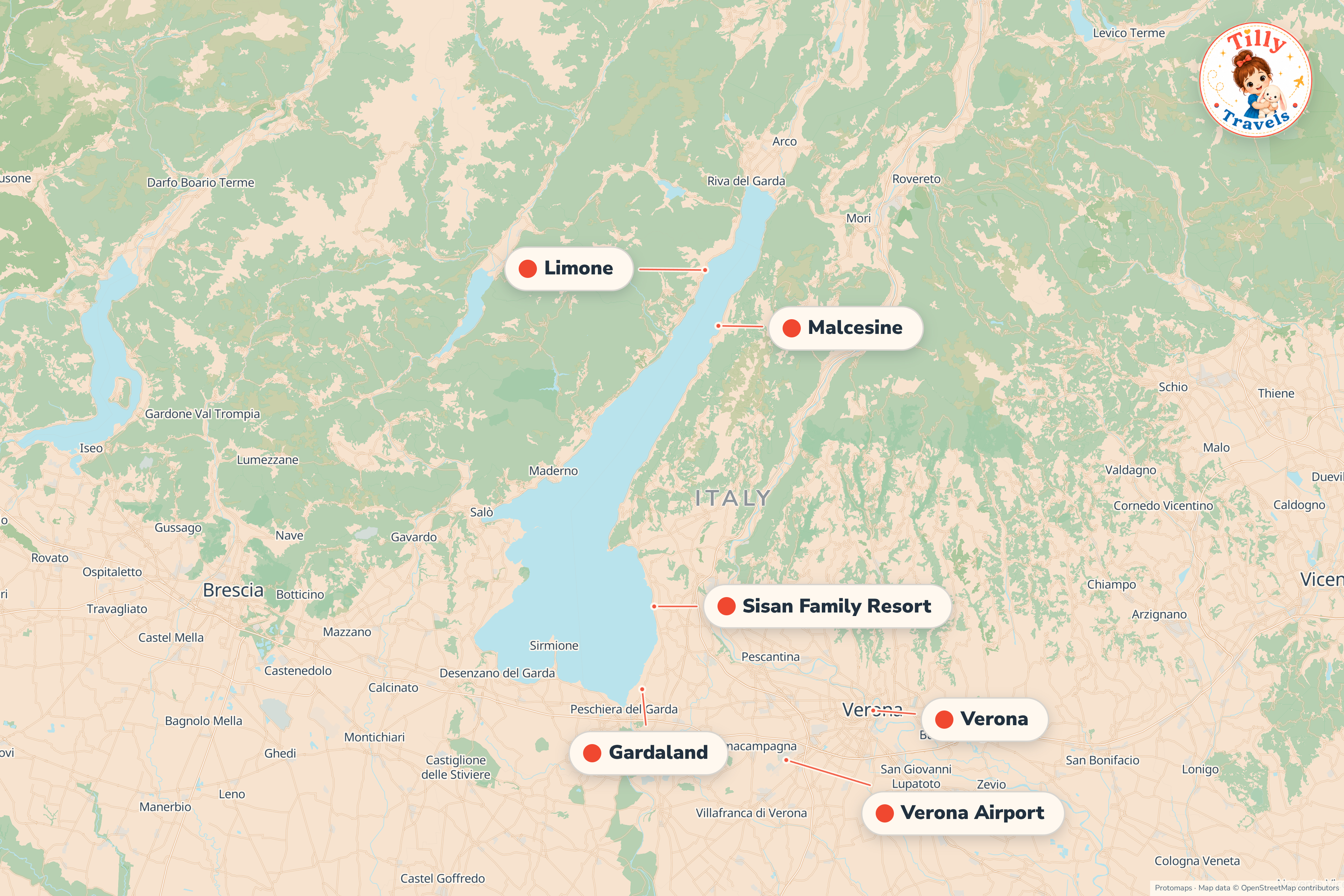 Map of the area around Sisan Family Resort, showing the resort, the nearest airport and the main family days out