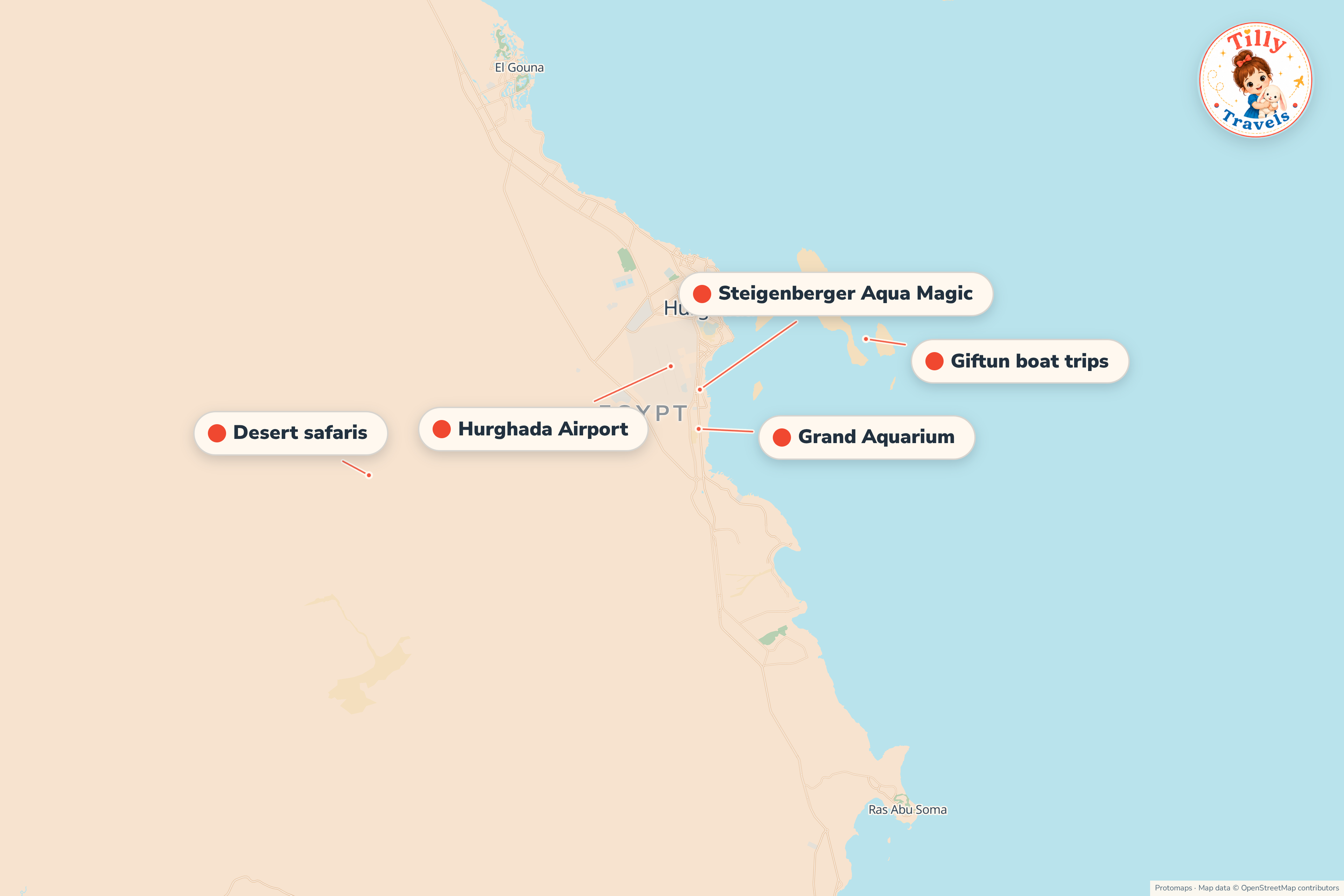 Map of the area around Steigenberger Aqua Magic, showing the resort, the nearest airport and the main family days out