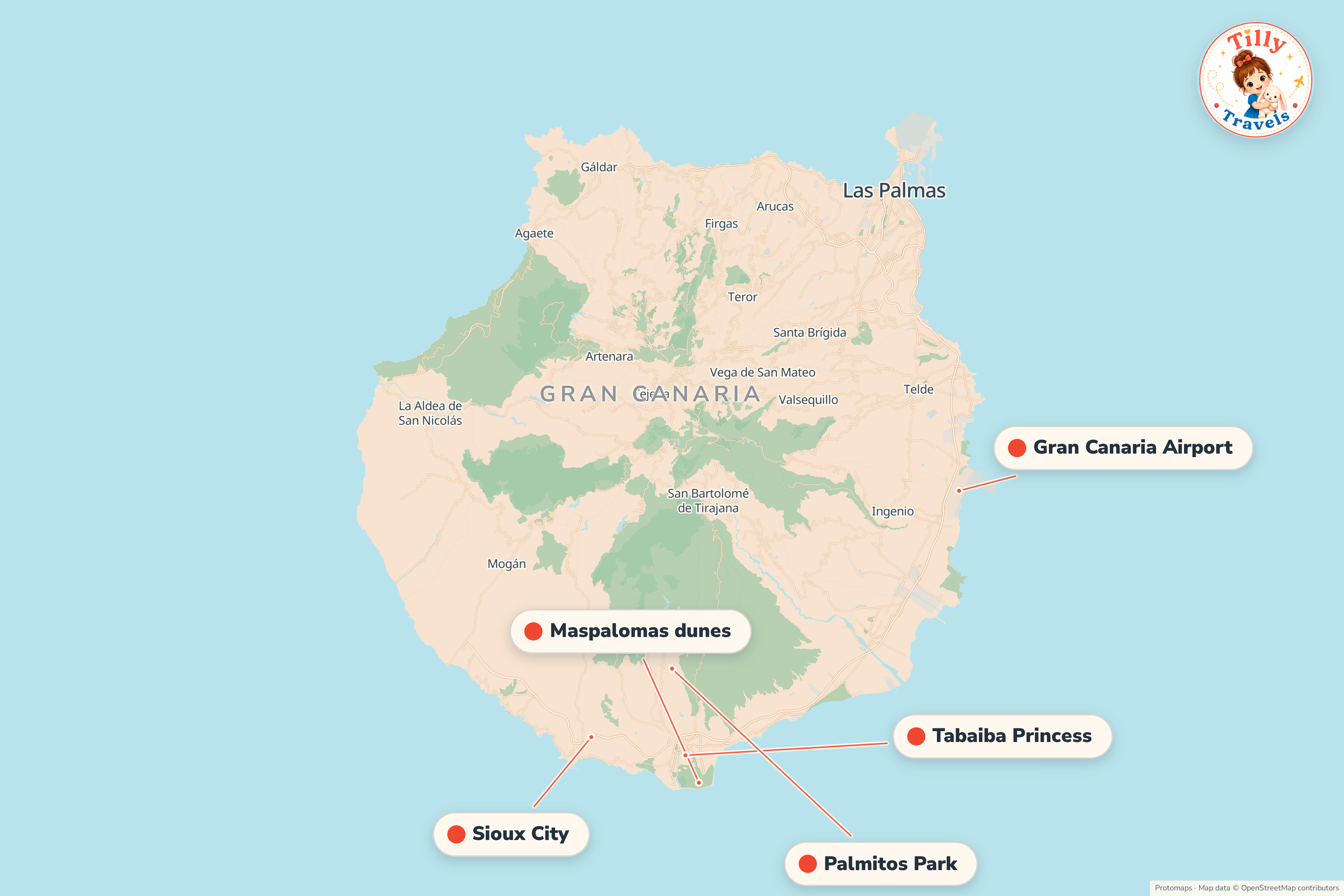 Map of the area around Tabaiba Princess, showing the resort, the nearest airport and the main family days out
