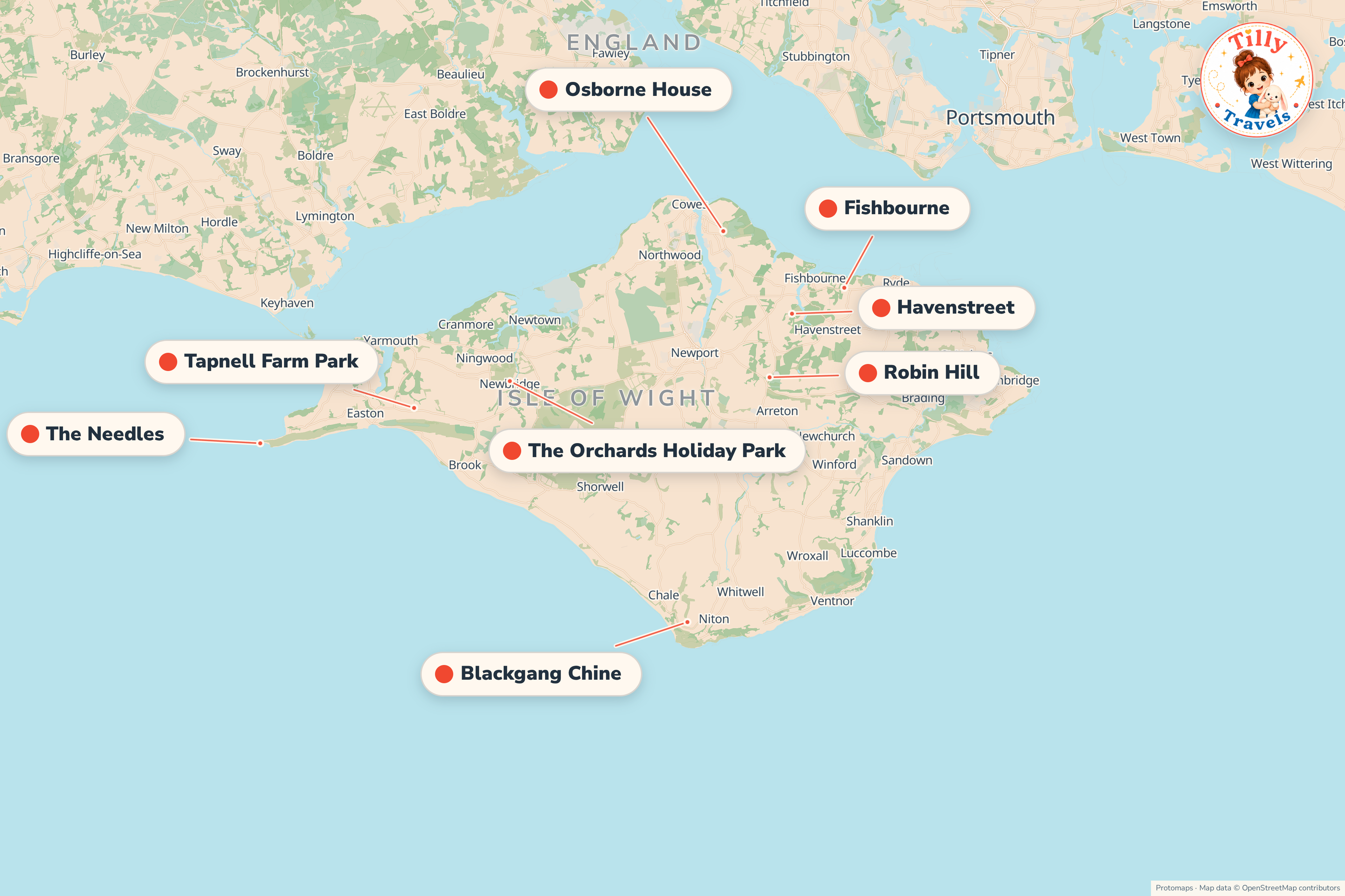 Map of the area around The Orchards Holiday Park, showing the resort, the nearest airport and the main family days out