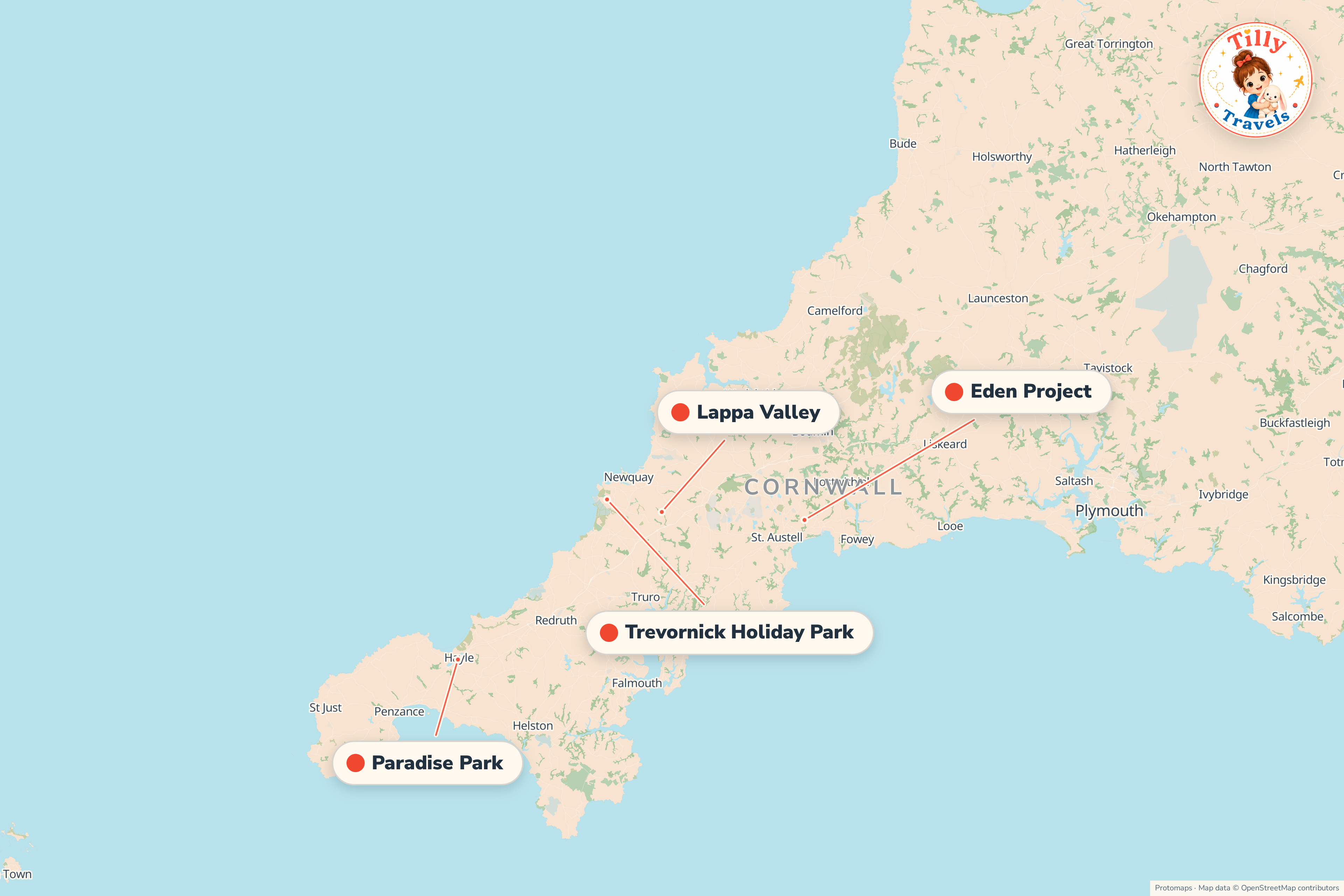 Map of the area around Trevornick Holiday Park, showing the resort, the nearest airport and the main family days out