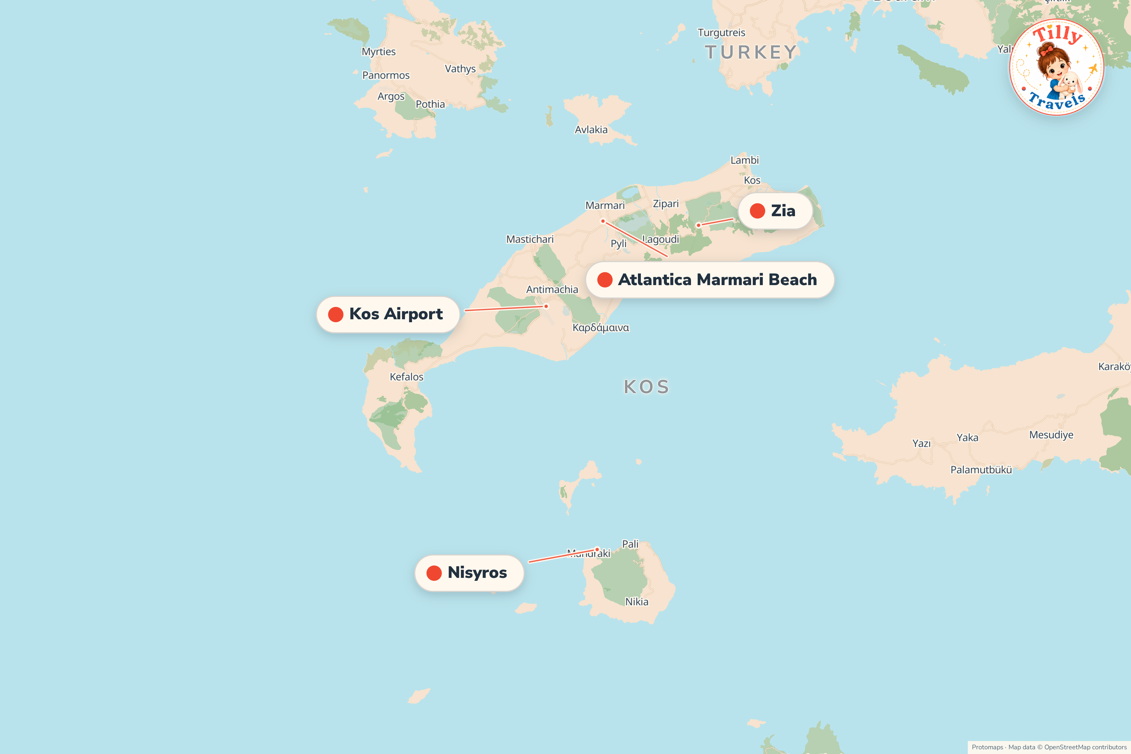Map of the area around Atlantica Marmari Beach, showing the resort, the nearest airport and the main family days out