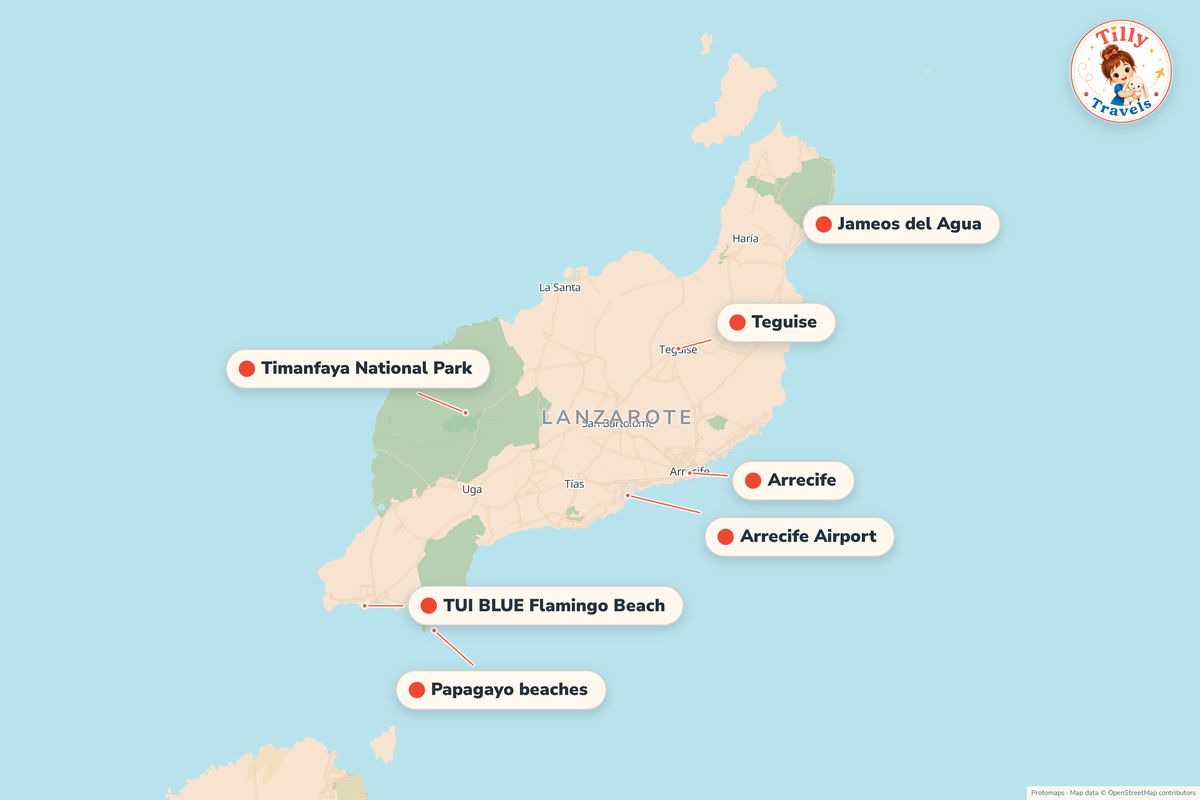 Map of the area around TUI BLUE Flamingo Beach, showing the resort, the nearest airport and the main family days out