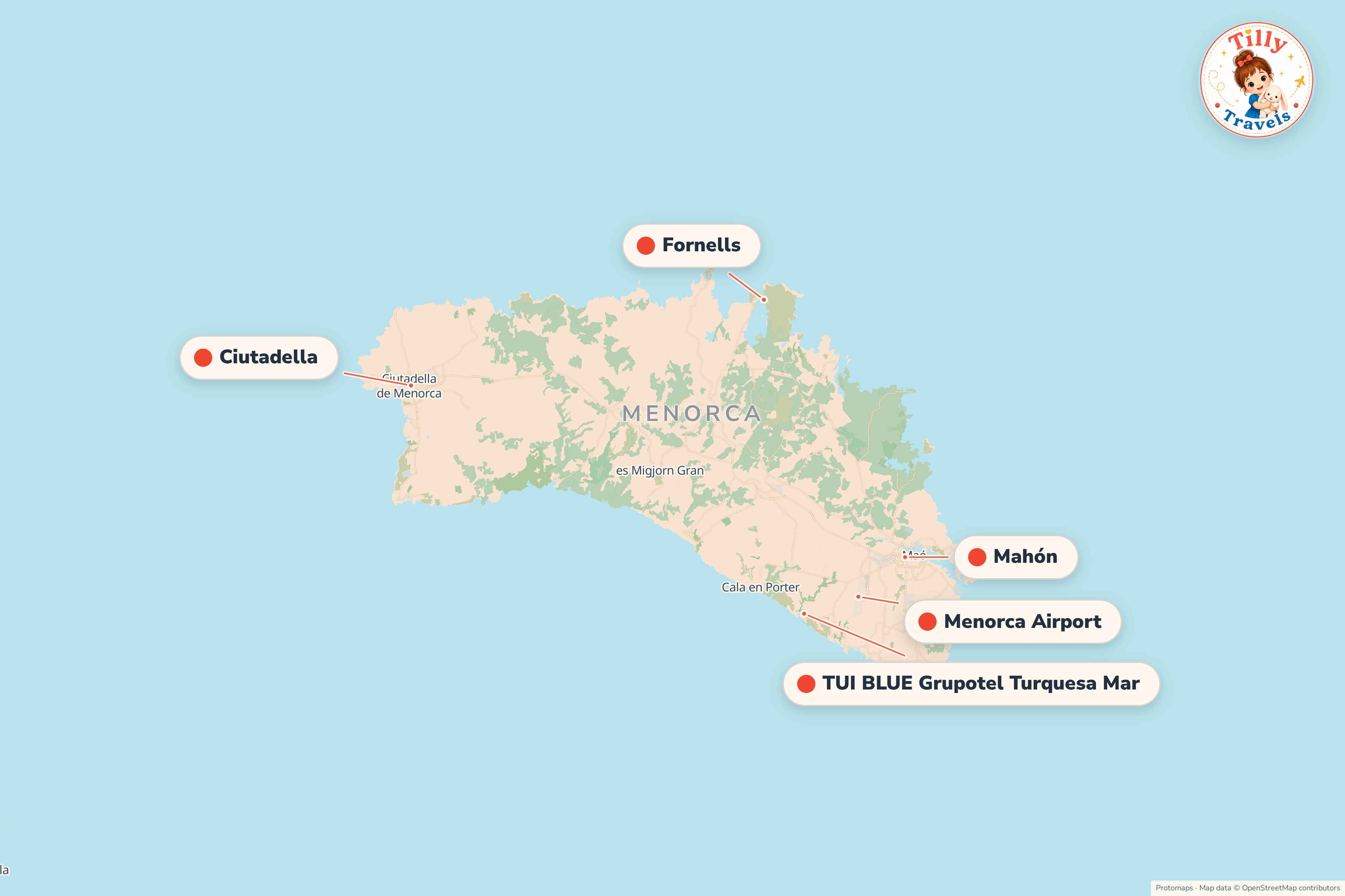 Map of the area around TUI BLUE Grupotel Turquesa Mar, showing the resort, the nearest airport and the main family days out