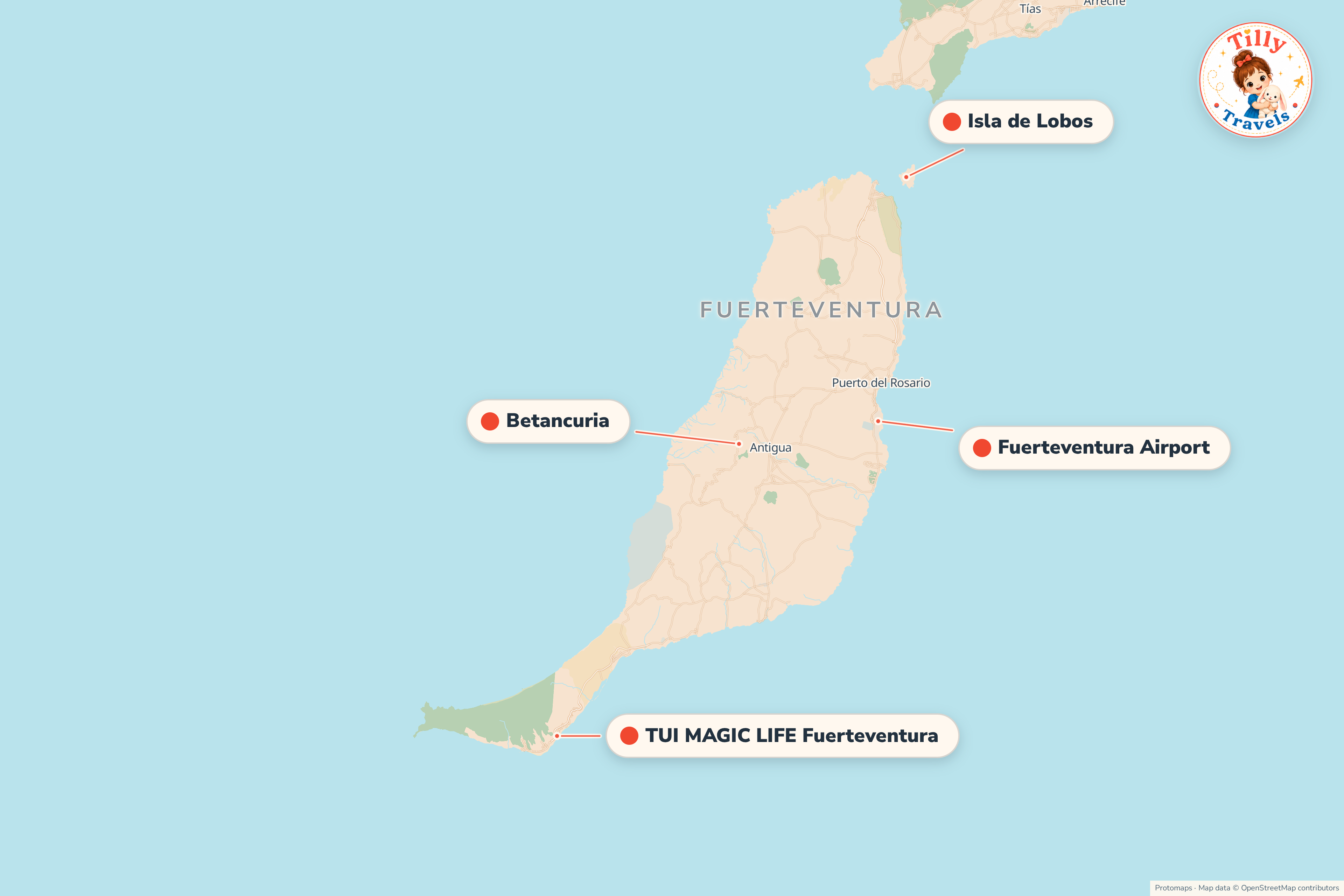 Map of the area around TUI MAGIC LIFE Fuerteventura, showing the resort, the nearest airport and the main family days out