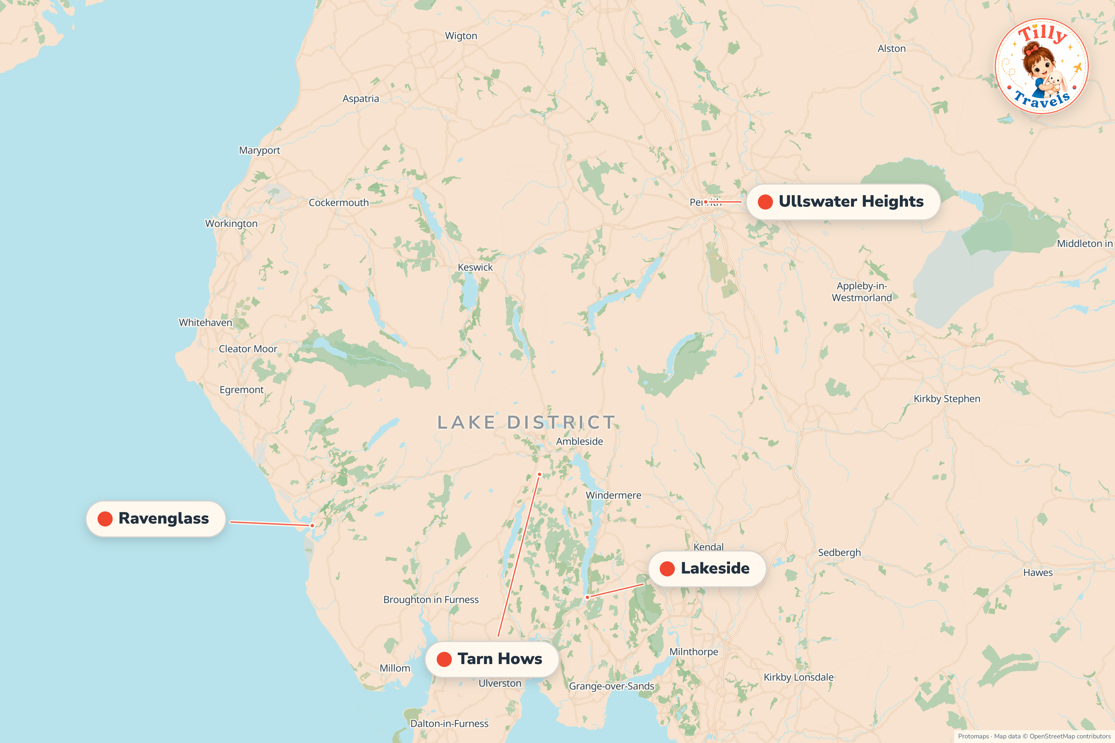 Map of the area around Ullswater Heights, showing the resort, the nearest airport and the main family days out