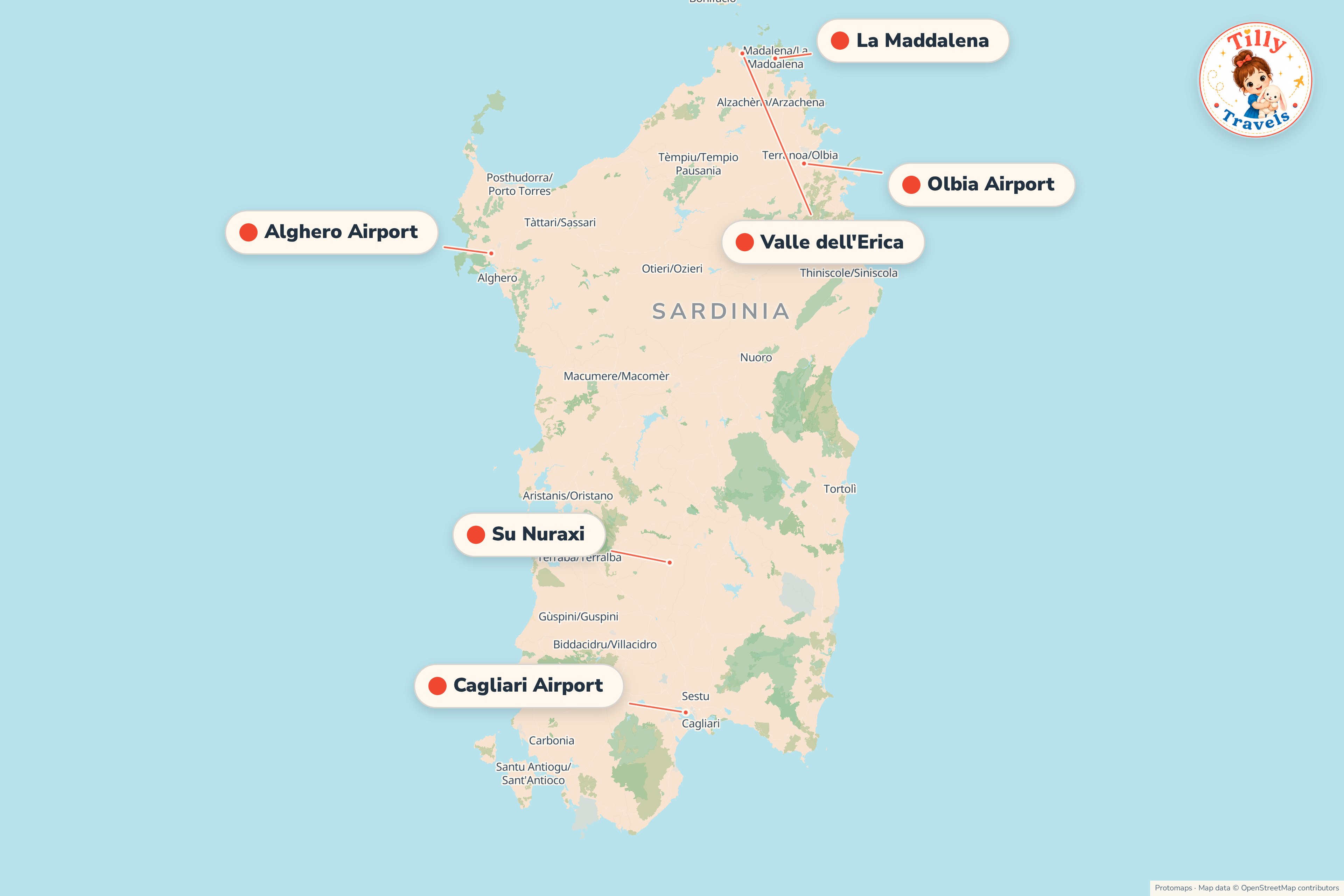 Map of the area around Valle dell'Erica, showing the resort, the nearest airport and the main family days out