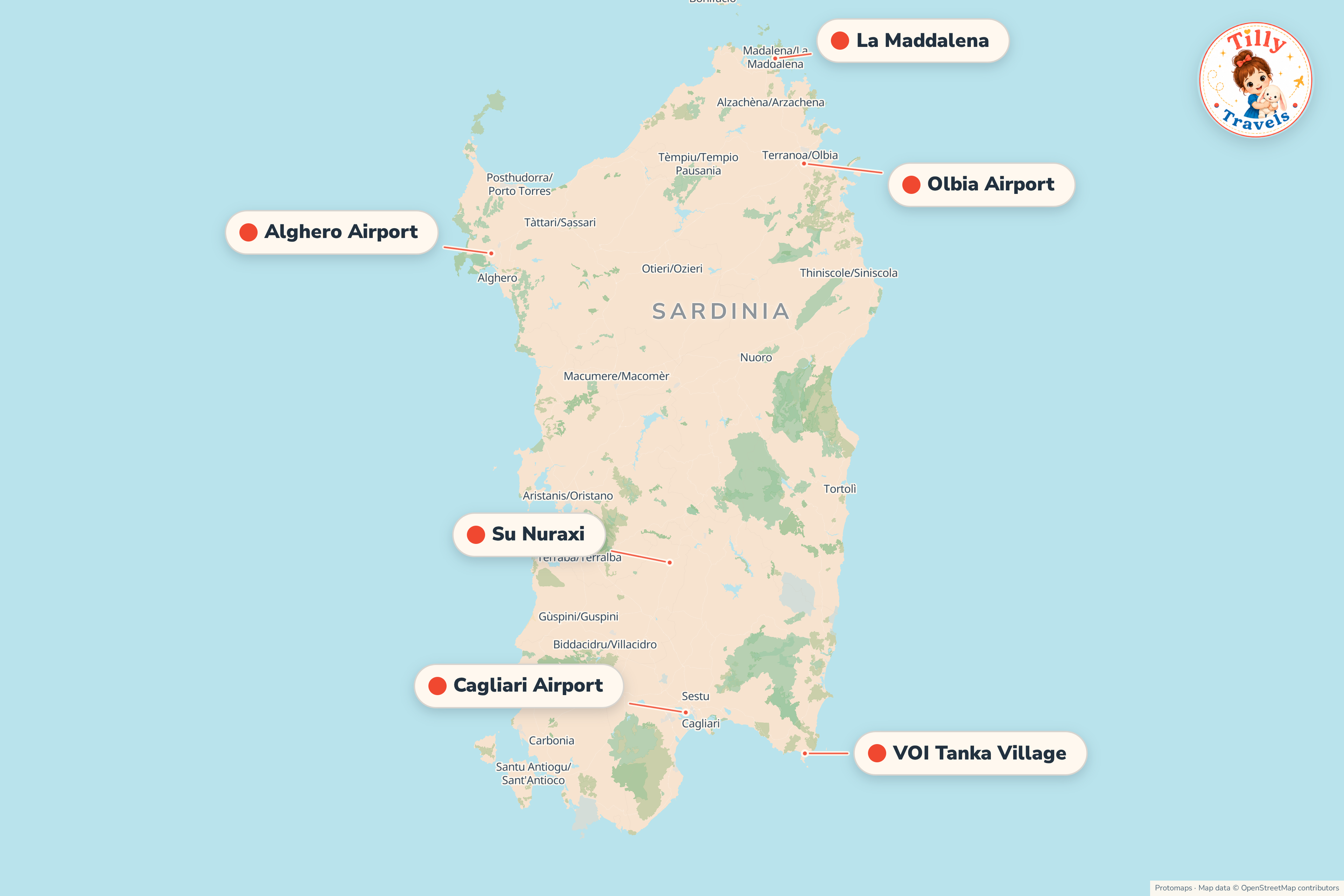 Map of the area around VOI Tanka Village, showing the resort, the nearest airport and the main family days out