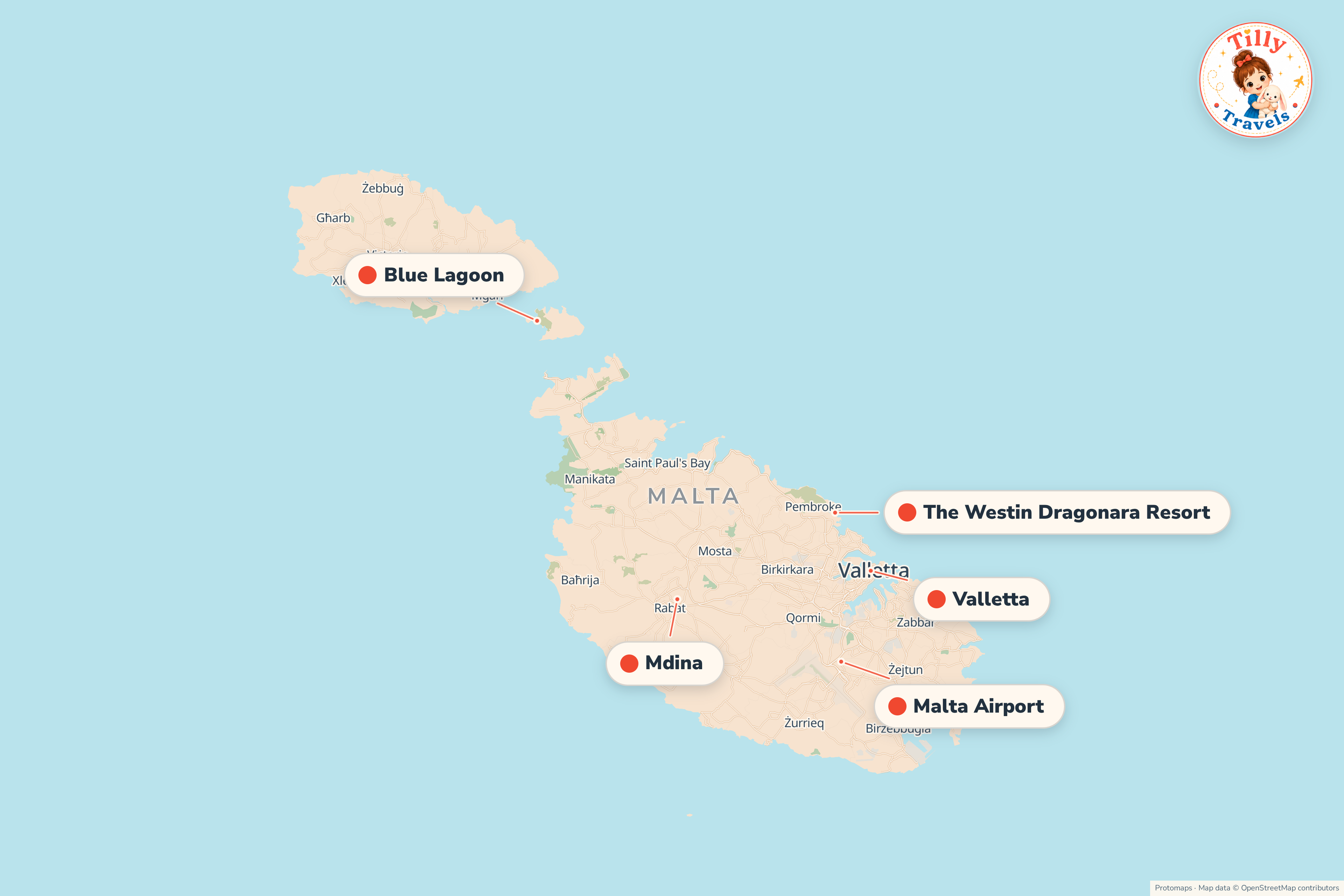 Map of the area around The Westin Dragonara Resort, showing the resort, the nearest airport and the main family days out