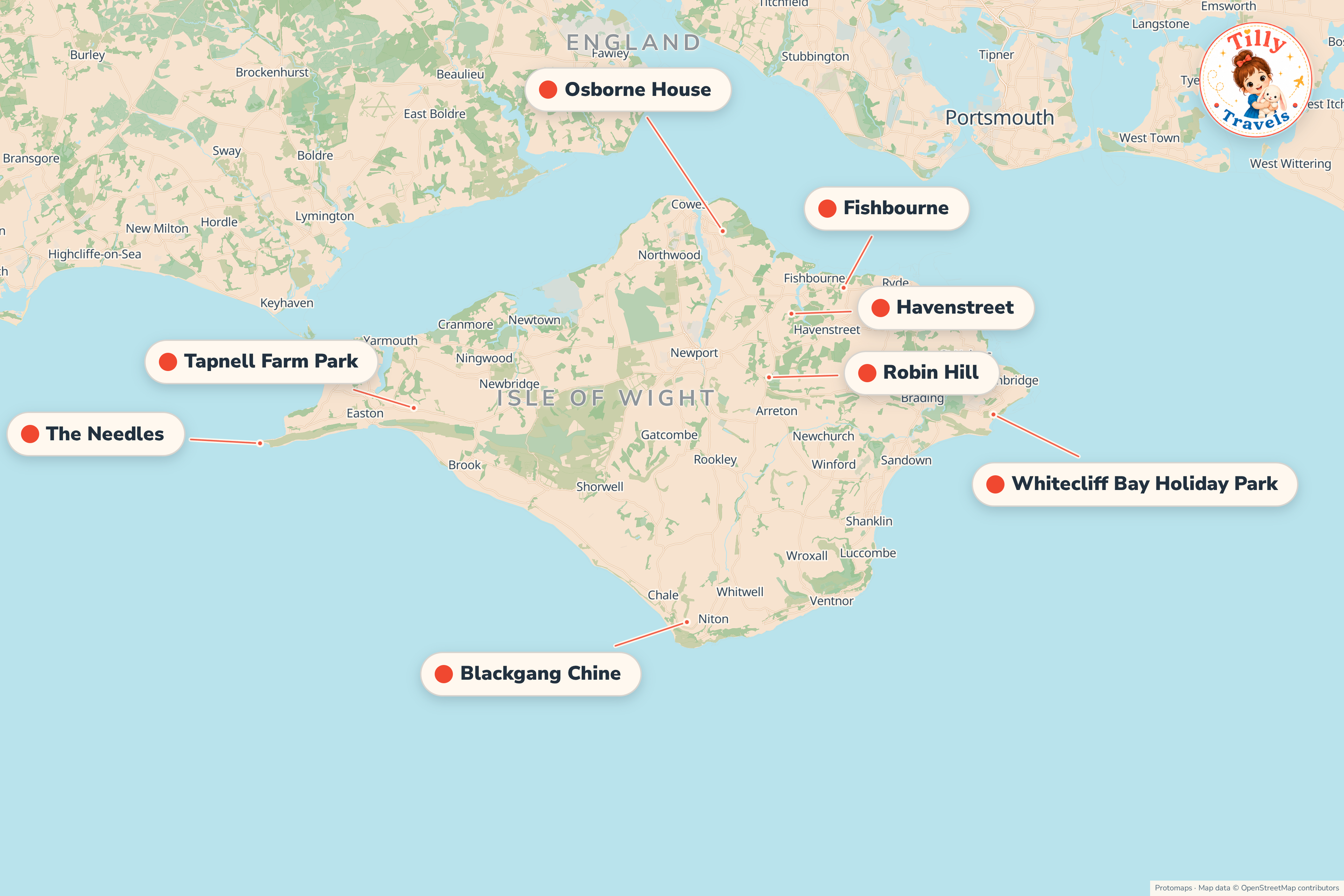 Map of the area around Whitecliff Bay Holiday Park, showing the resort, the nearest airport and the main family days out