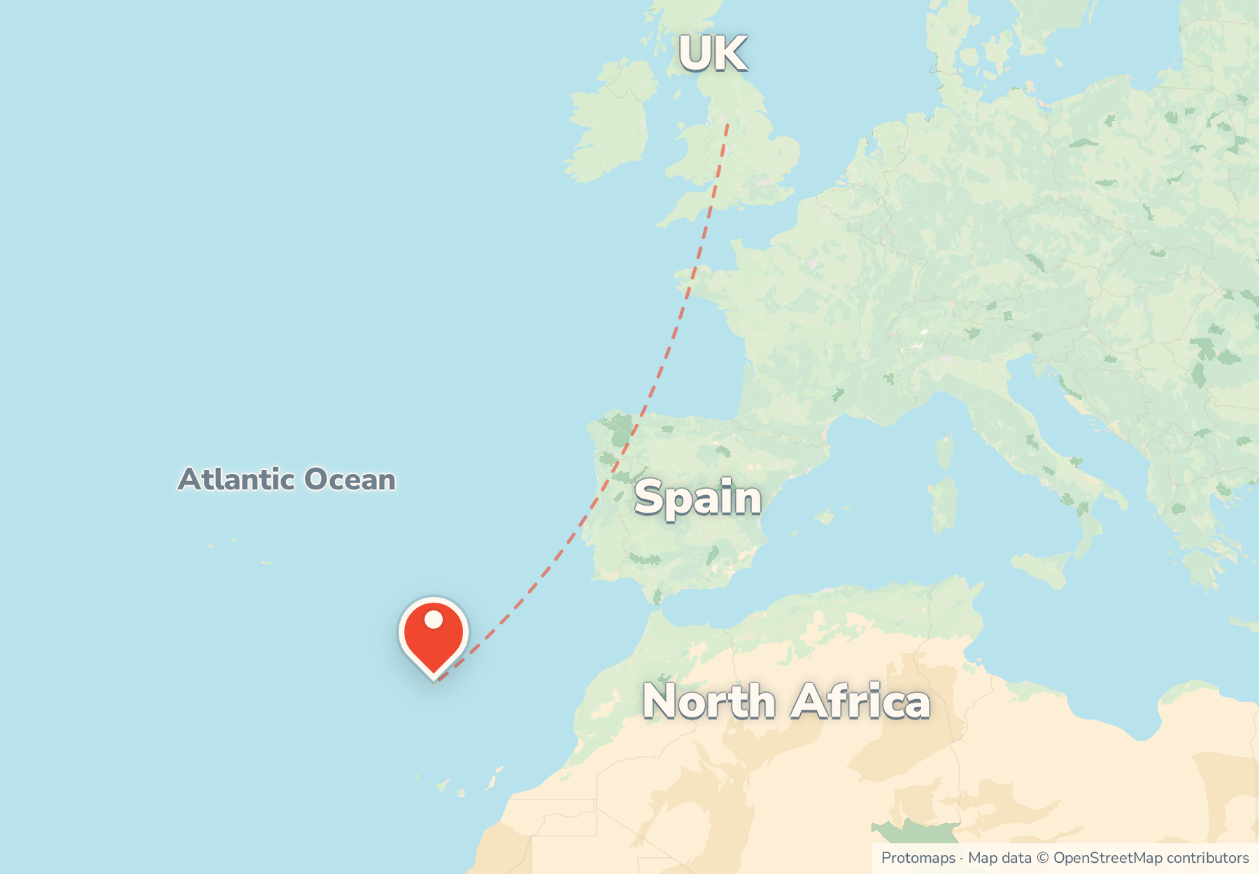 Locator map showing Madeira in the Atlantic west of Morocco, with the Canary Islands to the south and the UK to the north.