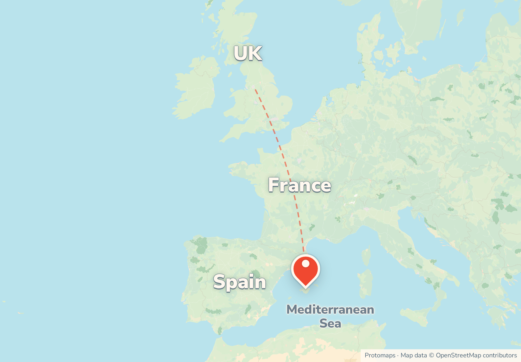 Locator map showing Mallorca in the Mediterranean east of mainland Spain, with France and the UK to the north.