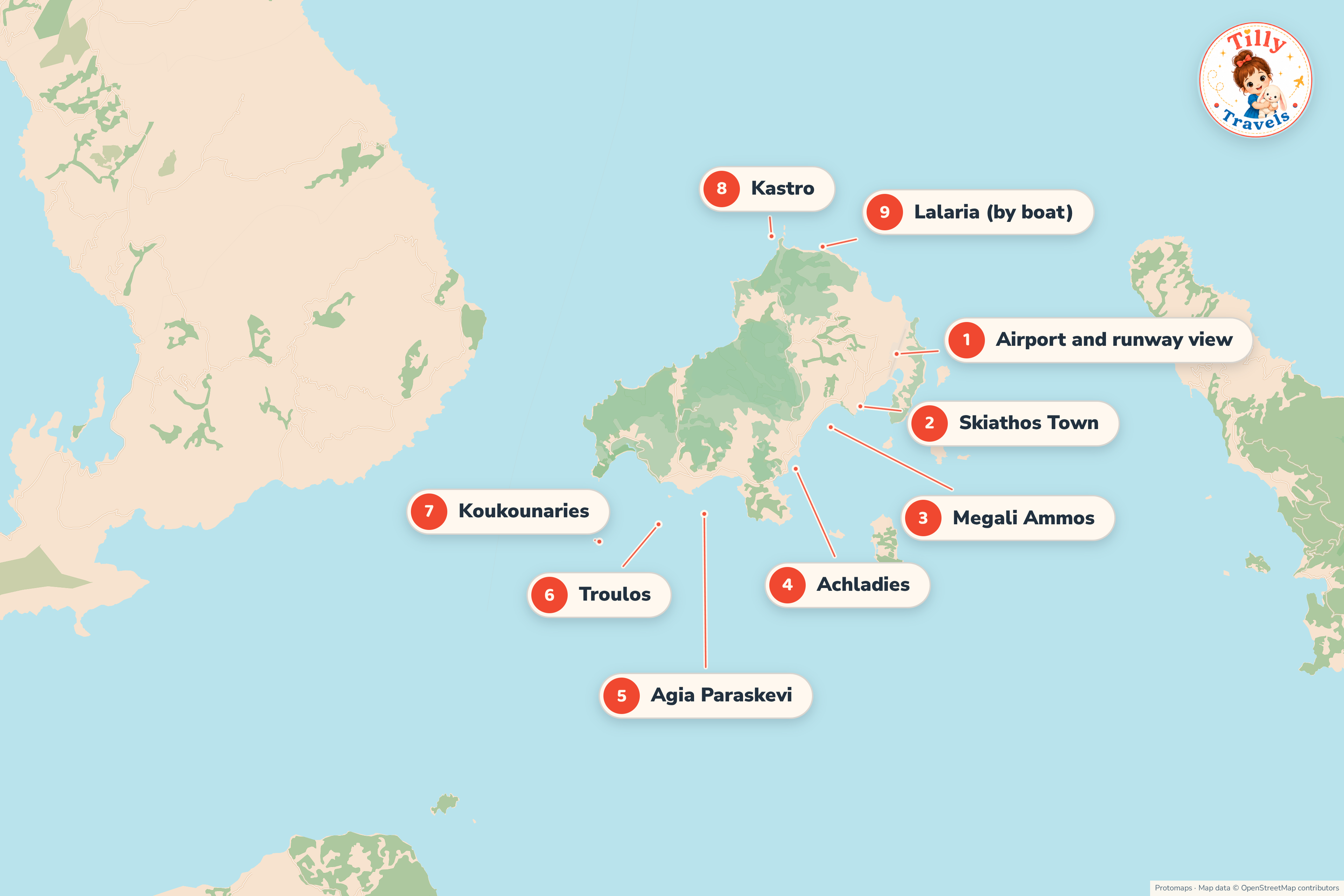 Map of Skiathos showing Skiathos Town and the airport in the east, the beach bases of Megali Ammos, Achladies, Agia Paraskevi, Troulos and Koukounaries along the south coast, and Kastro and Lalaria on the wilder north coast.