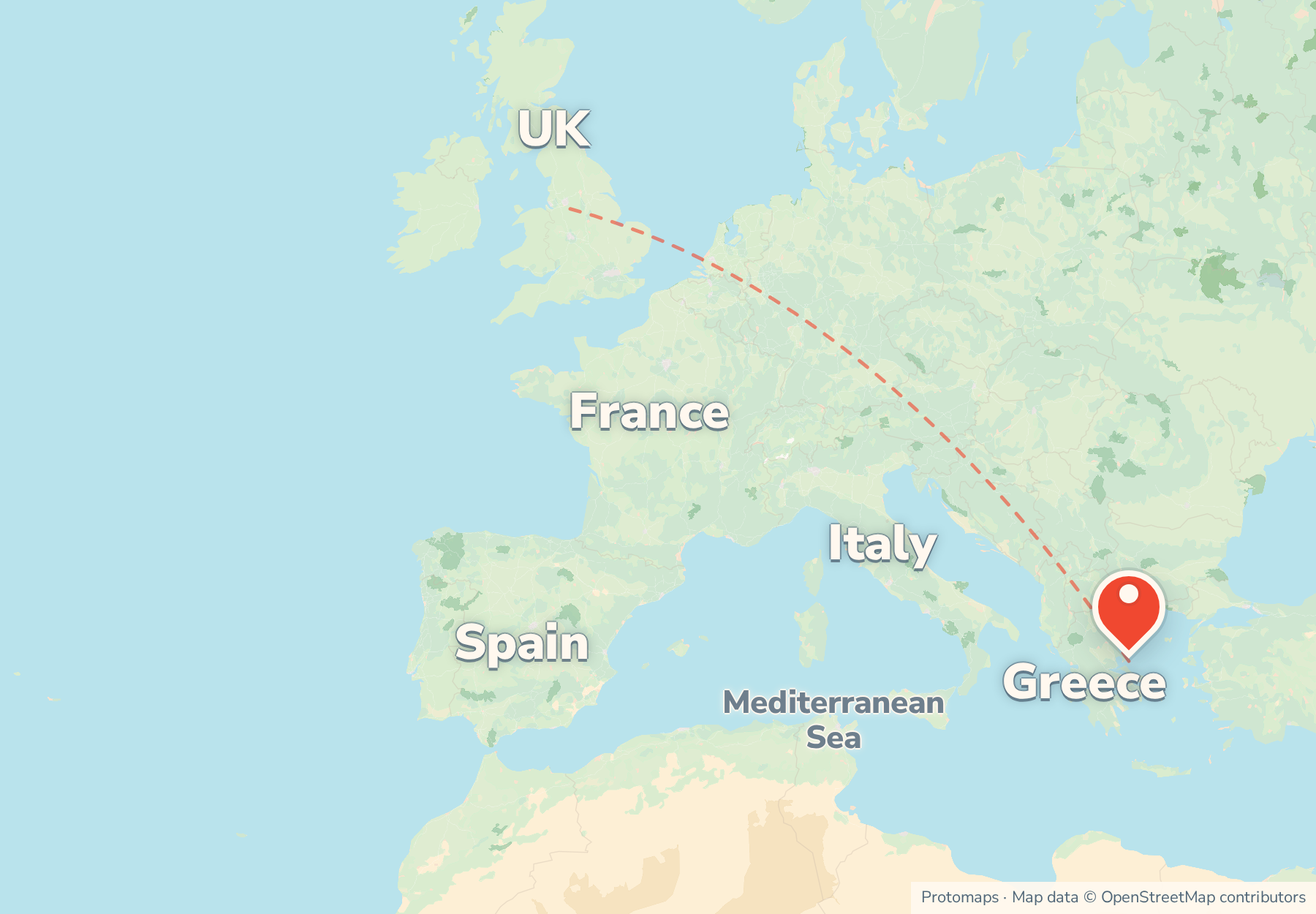 Locator map showing Skiathos in the Sporades islands of Greece, east of the mainland, with Italy, France and the UK to the north-west.