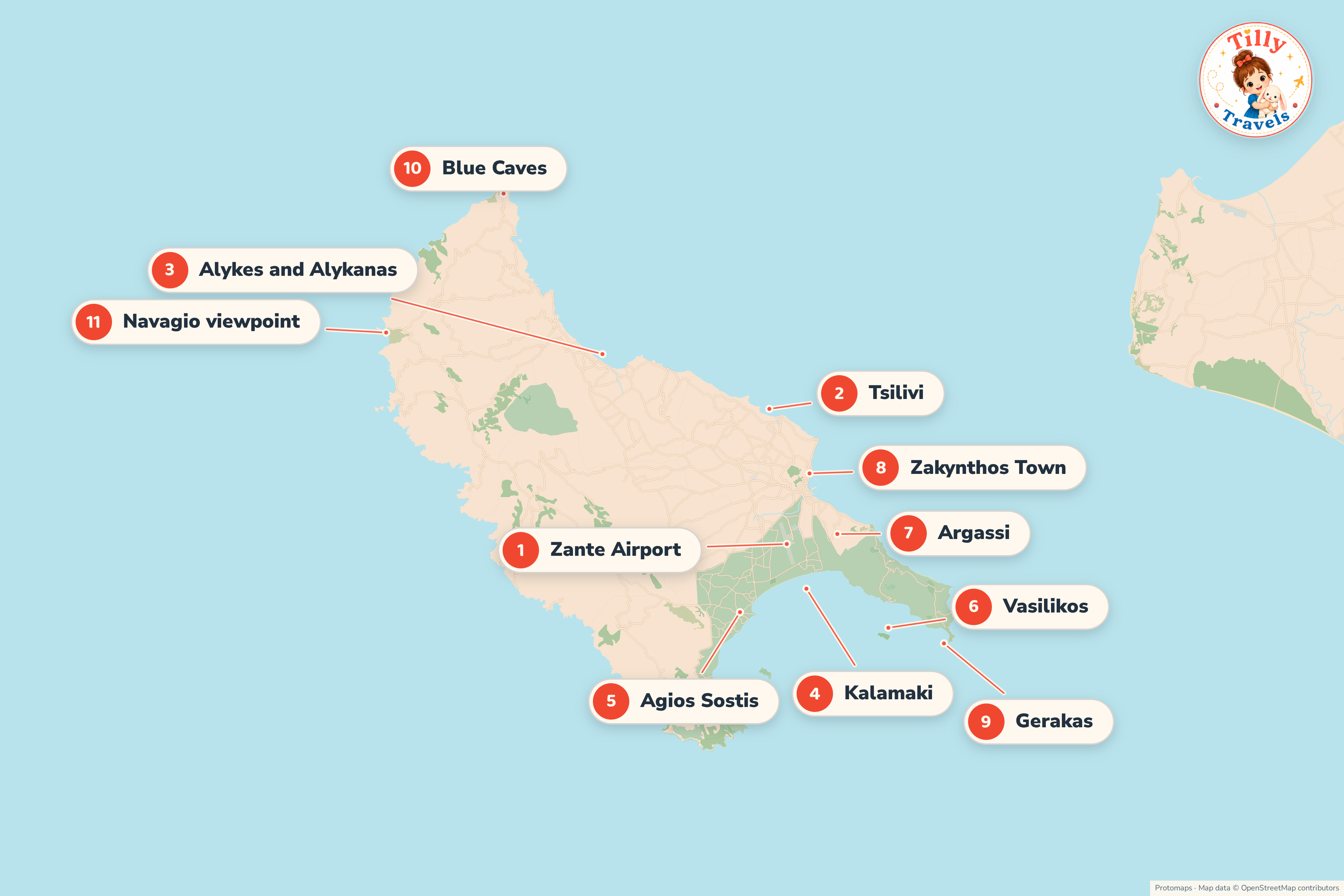 Map of Zante showing the family resorts on the flat east and south coasts, the airport beside Laganas Bay, with the Blue Caves at the northern tip and the Navagio viewpoint in the north-west.