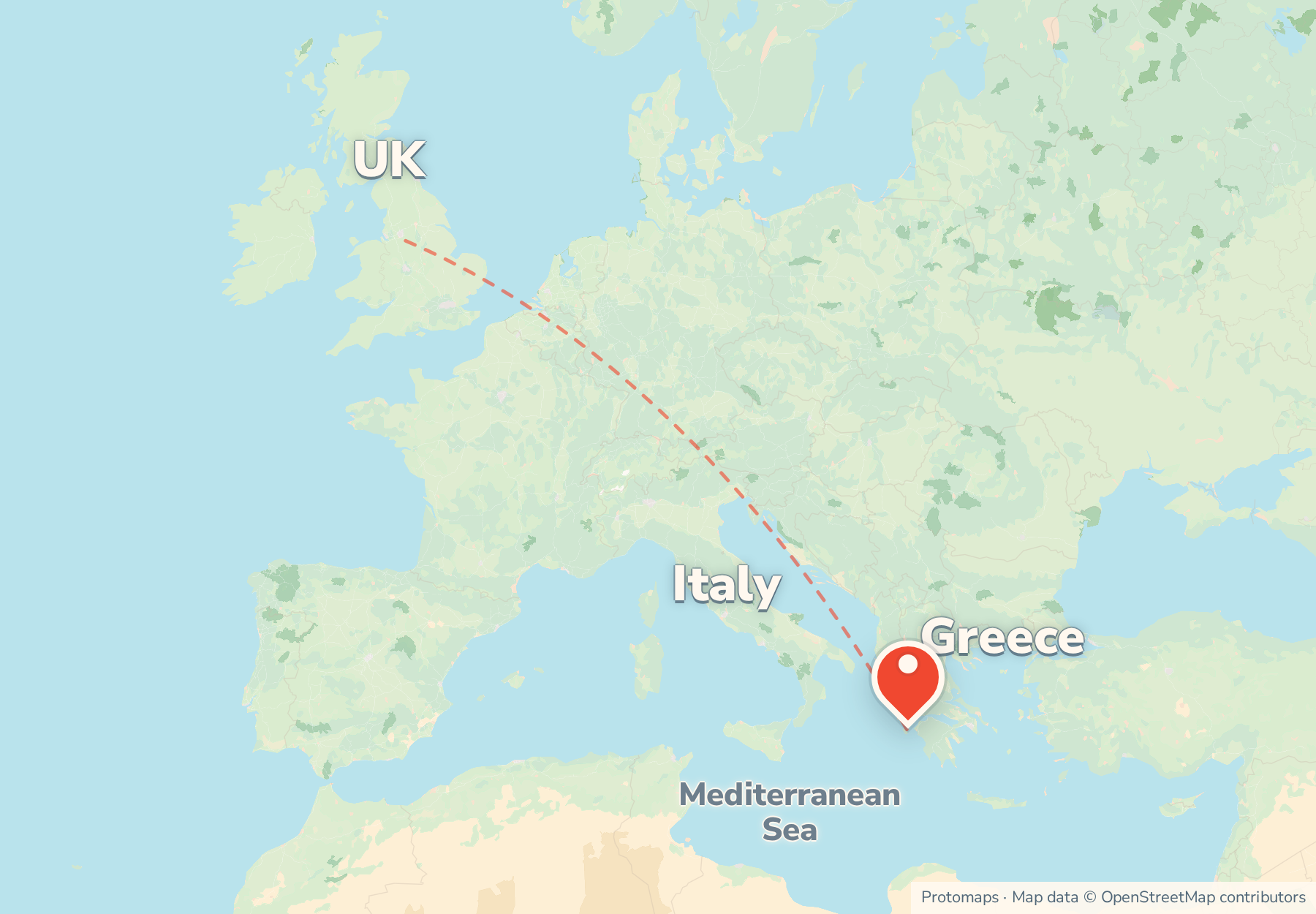 Locator map showing Zante off the west coast of Greece in the Ionian Sea, with Italy and the UK to the north-west.