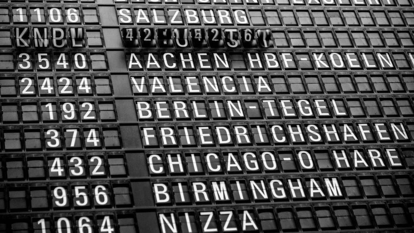 A split-flap departures board showing European destinations