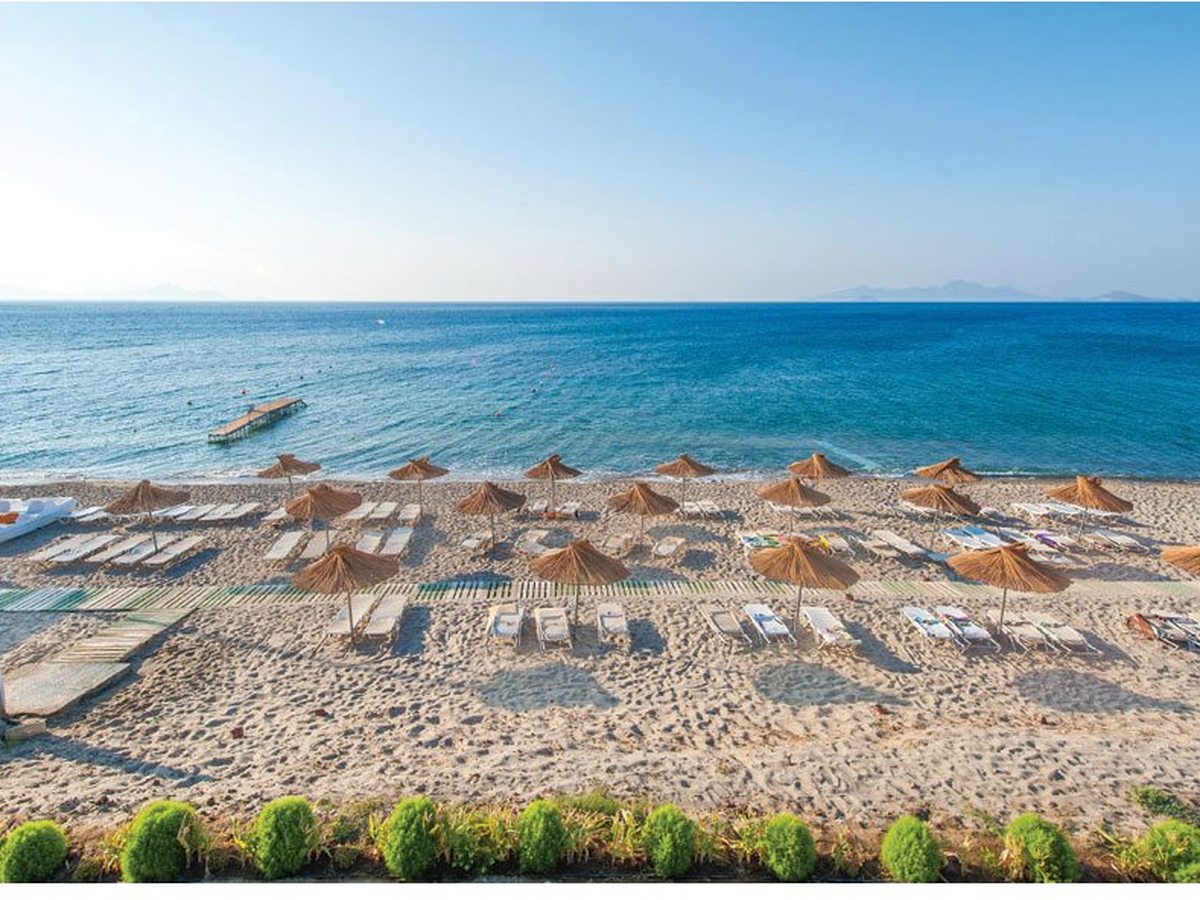 A beach with rows of sun loungers and straw parasols beside calm blue sea under a clear sky.